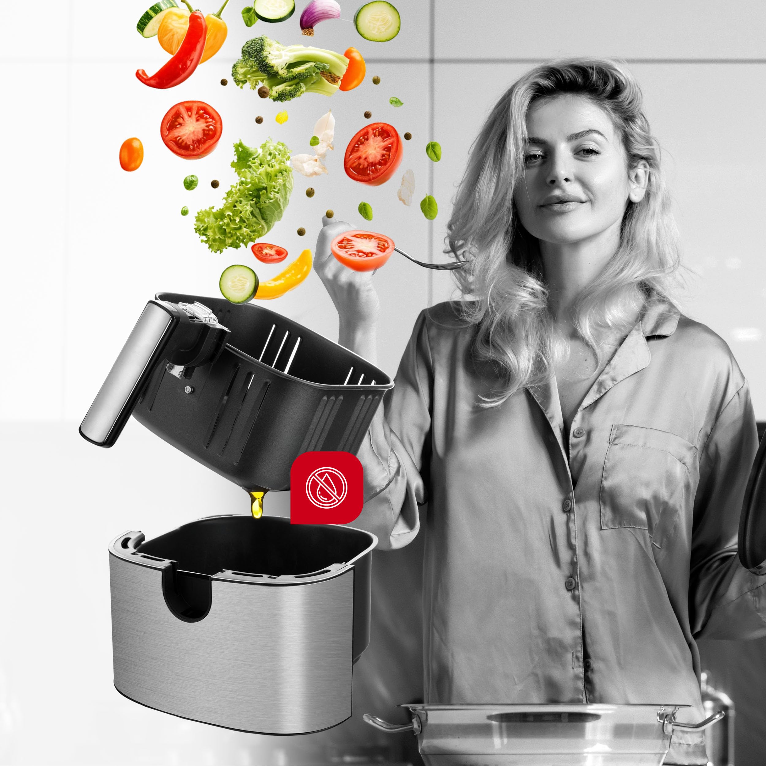 LEHMANN Air Fryer XL, 6,5L, Friteuse sans Huile avec 8 Programmes, Grande Métallique Tiroir, Écran Tactile, Minuterie, Revêtement Antiadhésif, 80-200 °C, Compatible Lave-vaisselle, Familial