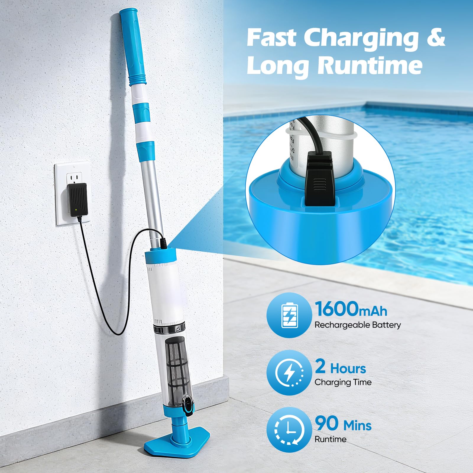 Aspirateur Piscine sans Fil Puissant débit 20L/Min Démarrage Automatique par Capteur Immergé,3 Buses Interchangeables,Poignée Télescopique 103-162cm Idéal Piscine Hors Sol et Enterrée