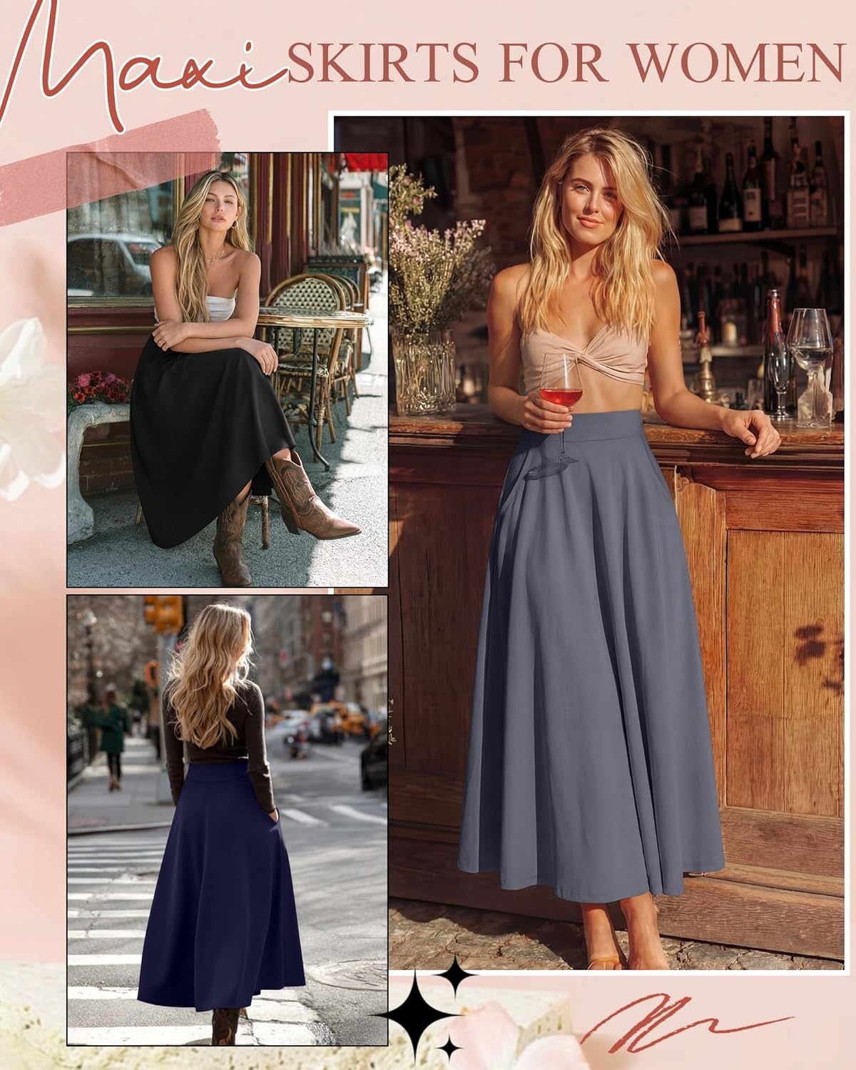 Ficerd 3 Pack Women's Maxi Long Skirts with Pockets, A Line Ankle Length High Waisted Flowy Soft Summer Casual Skirts - Image 2