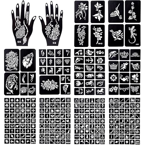 Koogel 281PCS Semi Permanent Tattoo, 12 Sheets Henna Women Tattoo Stencil Temporary Tattoo Stickers for Face Paint Body Art