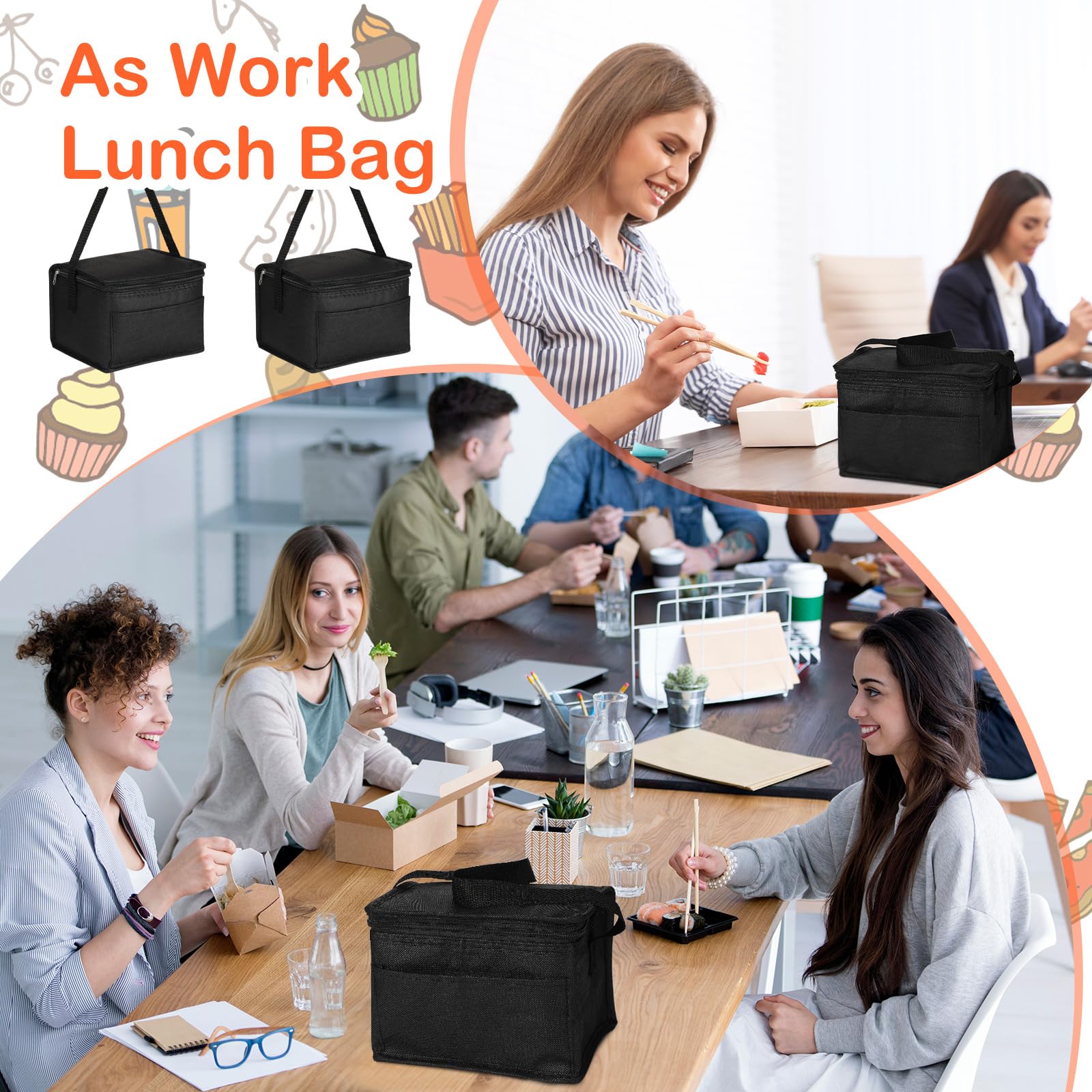 Mifoci 50 Pcs Lunch Bags Bulk Insulated Cooler Bags Reusable Cooler Tote Bags Leakproof Thermal Black Lunch Boxes Waterproof Lunch Bag Beverage Bag with Strap for Men Women Office Work Picnic Beach