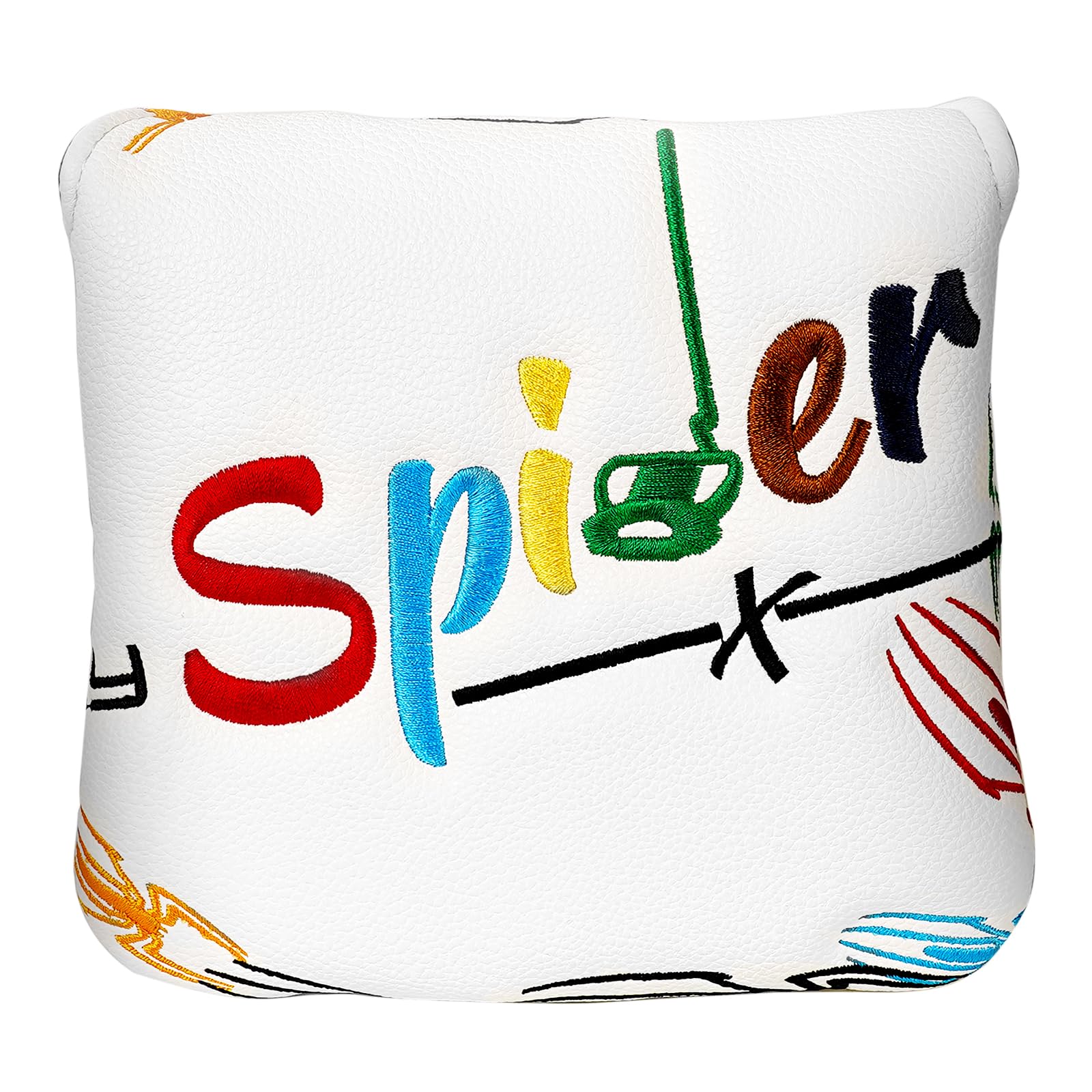 Golf Square Mallet Putter Cover Magnetic Heel-Shaft Headcovers Colorful Spider Pattern White PU Leather