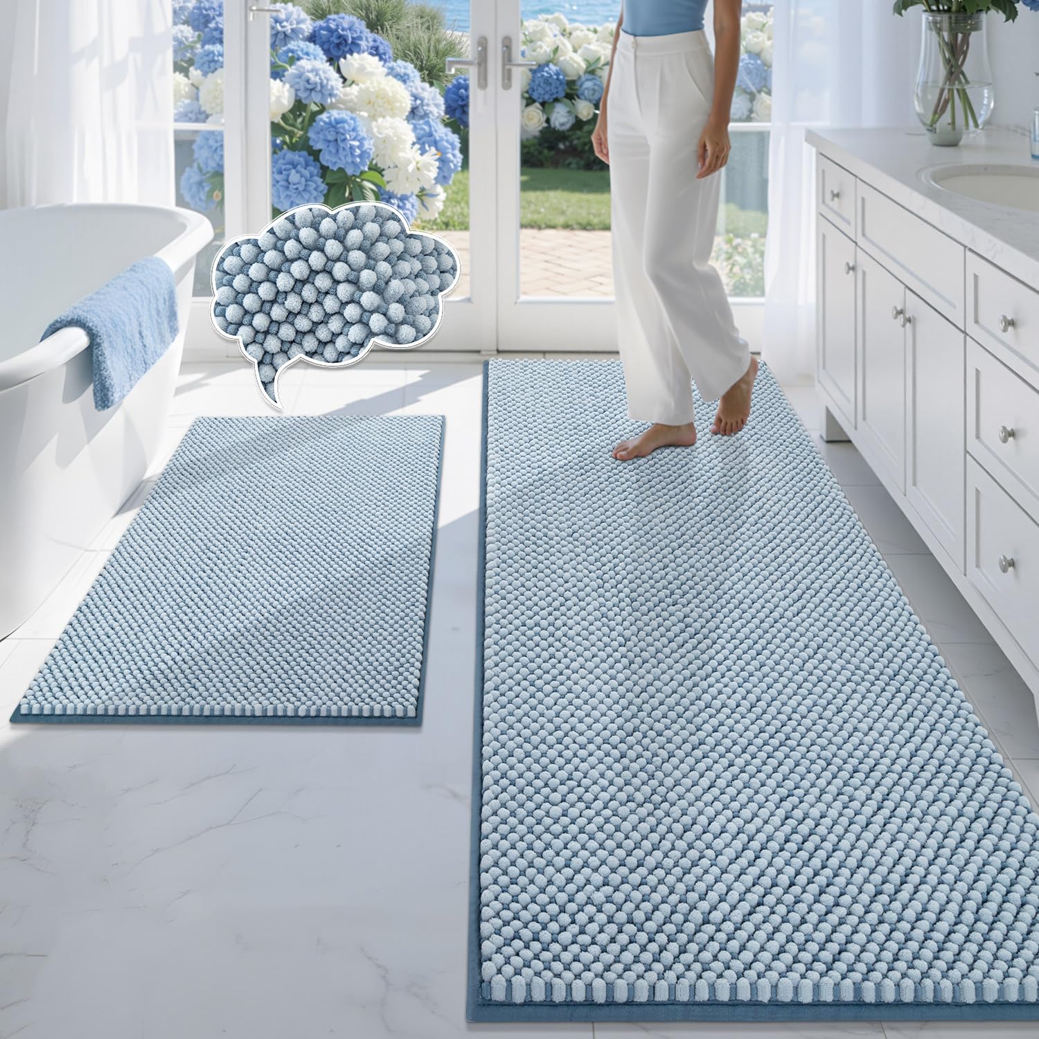 Photo 1 of BSICPRO Bathroom Rugs Set 2 Piece-Chenille Bath Mats Non Slip-Thick Soft Absorbent Beach Bath Rug-Shower Floor Mat Machine Washable-Bathroom Decor Accessories (Light Blue, 22" x 59" Plus 20" x 32")