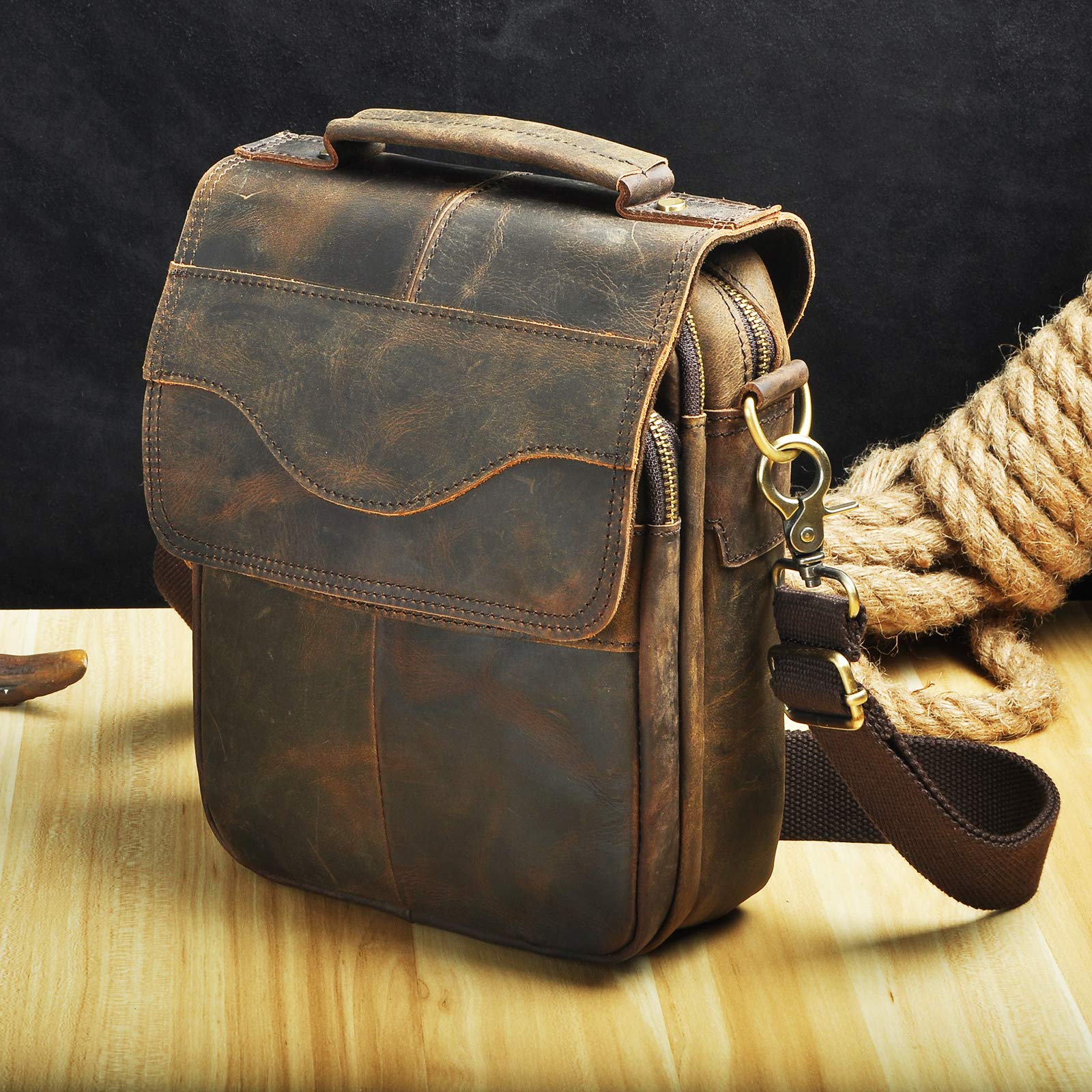 Le'aokuu Hombres Crazy Horse Piel Marrón Satchel Vintage Bolso cruzado Bolso bandolera Bolsa de mensajero 144 (144 A marrón)
