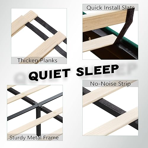 Miniatura 8 de ZeeFu - Marco de cama de plataforma de tamaño Queen, marco de cama tapizado de terciopelo verde con cabecera ajustable geométrica vertical, soporte