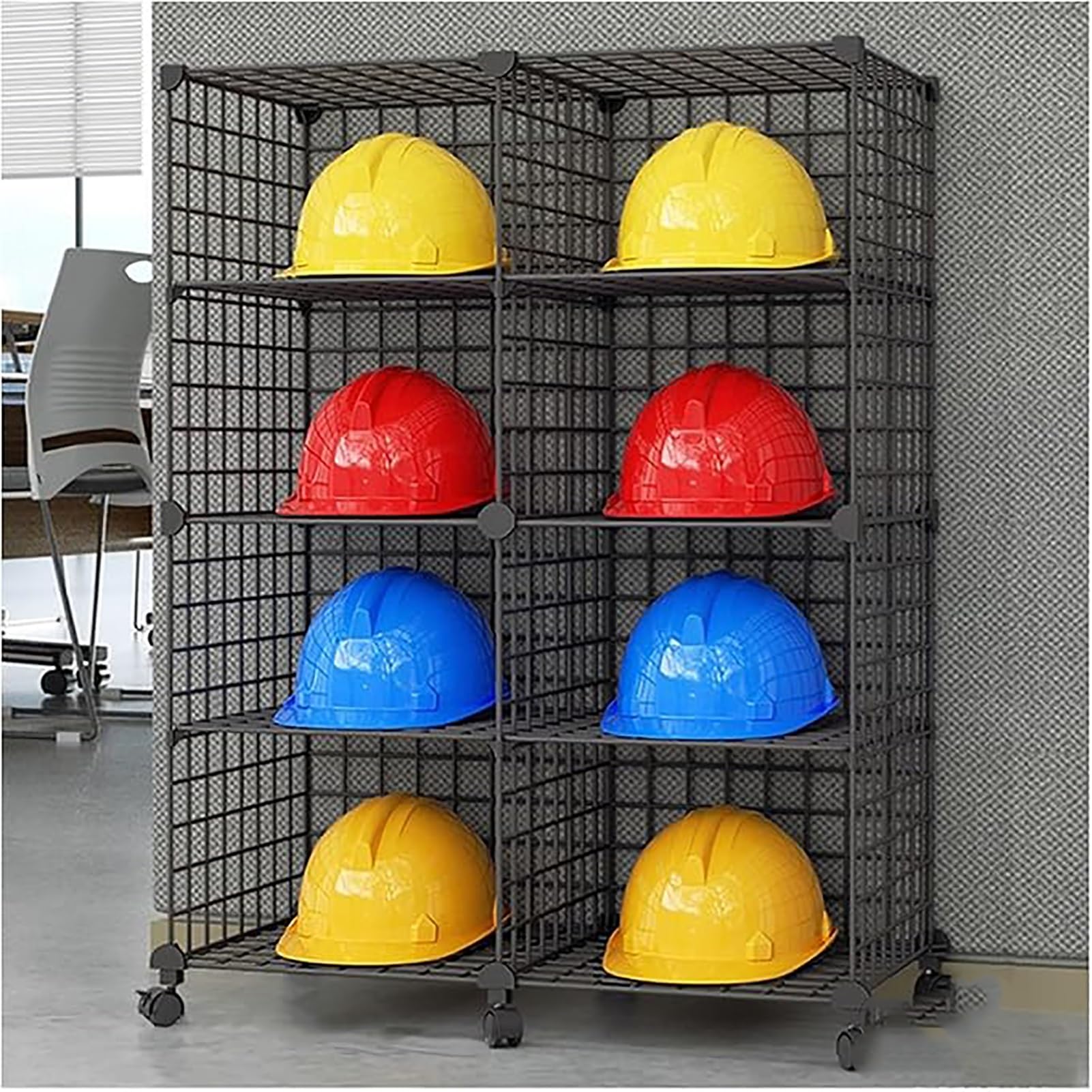 Casco Obra Cajas de Almacenamiento Apilables para Cascos de Seguridad con Estantes Ajustables, Estante de Colocación de Cascos de Seguridad Móvil con Ruedas, Estante de Exhibición de Cascos(Black,75x3