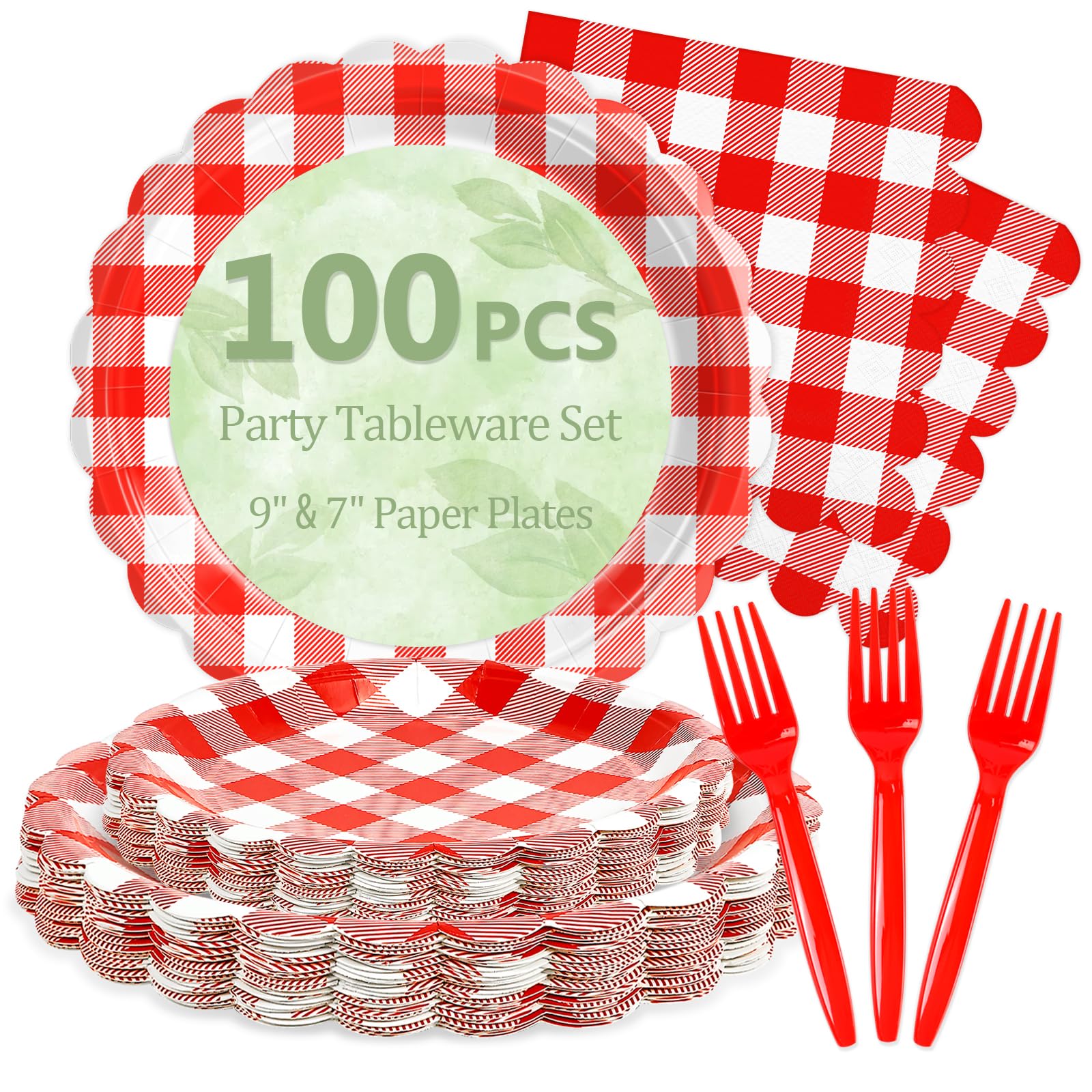 100 Pcs Red Gingham Paper Plates Disposable Set for Picnic, 25-9"&amp;25-7"