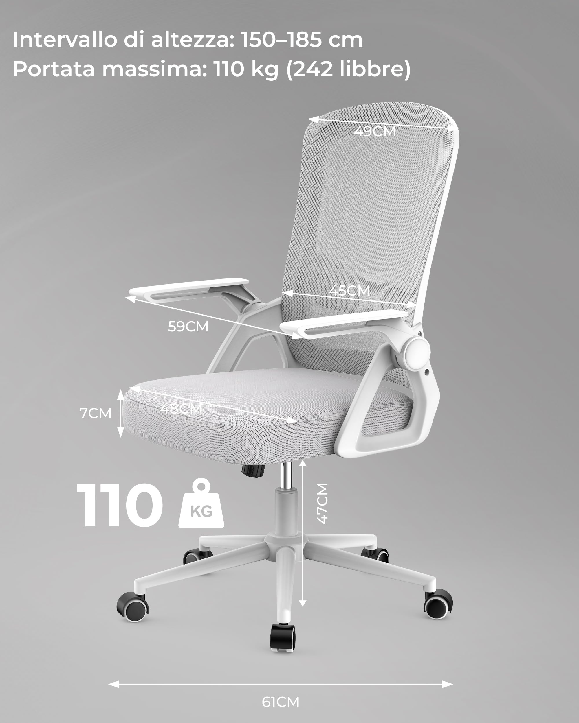 rattantree Sedia da Ufficio Scrivania Ergonomica, Con Braccioli Pieghevoli,Seduta e Schienale in Rete Respirante, Altezza Regolabile, Girevole con Ruote, Funzione Oscillante - Grigio