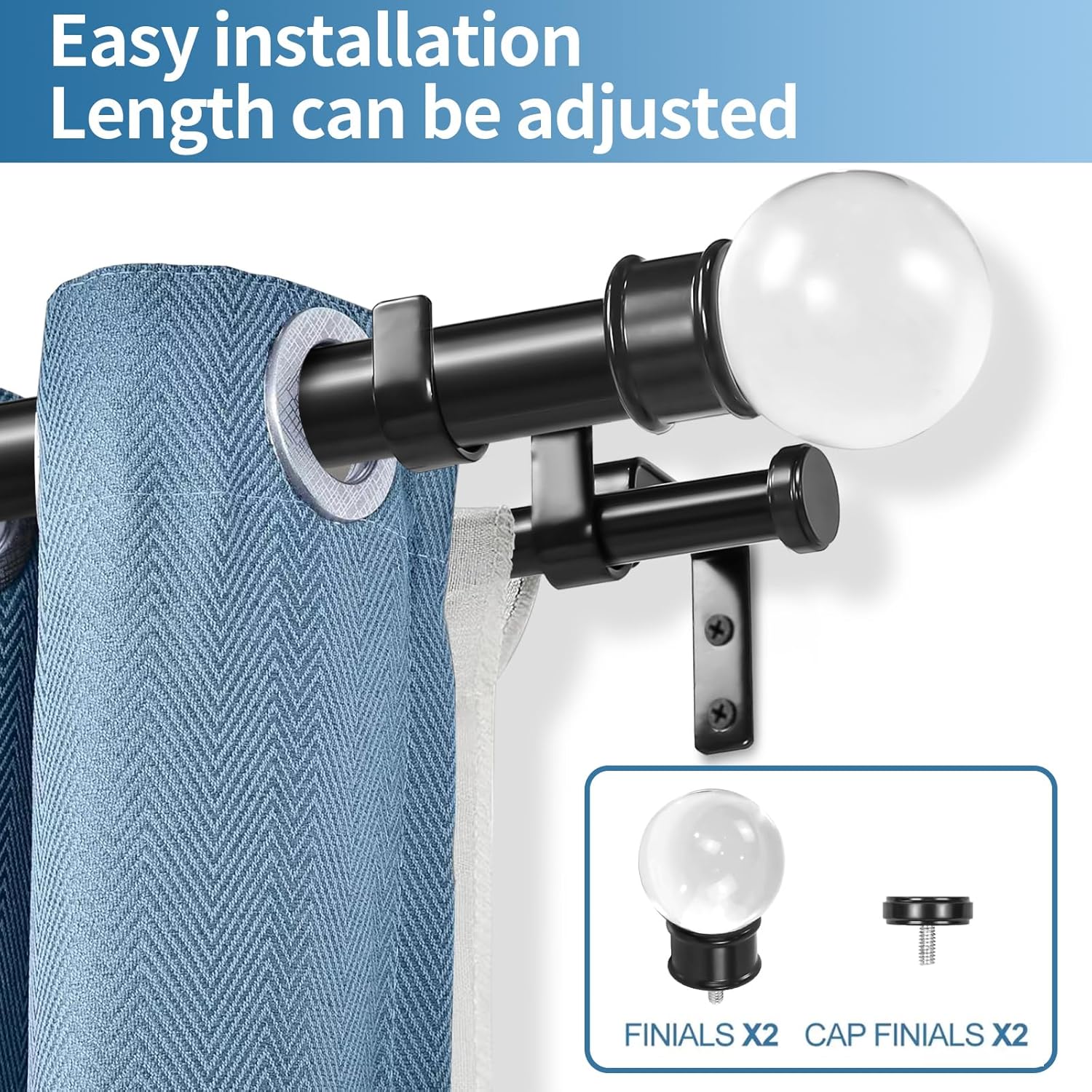 Urbanest Crystal Ball Manhattan 1" 5/8" Double Drapery Curtain Window Rod Set - 48" to 84", Black
