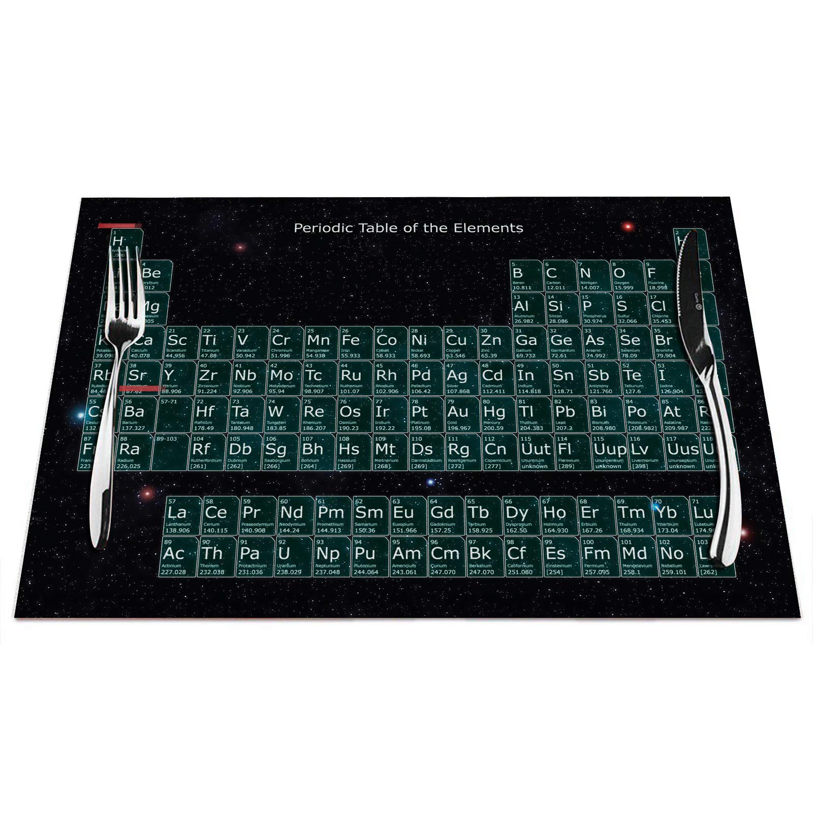 Periodic Table Placemats Set of 4, Black Periodic Table Chemical Element Placemats Heat Resistant for Dining Table Non-Slip 18x12 Inches