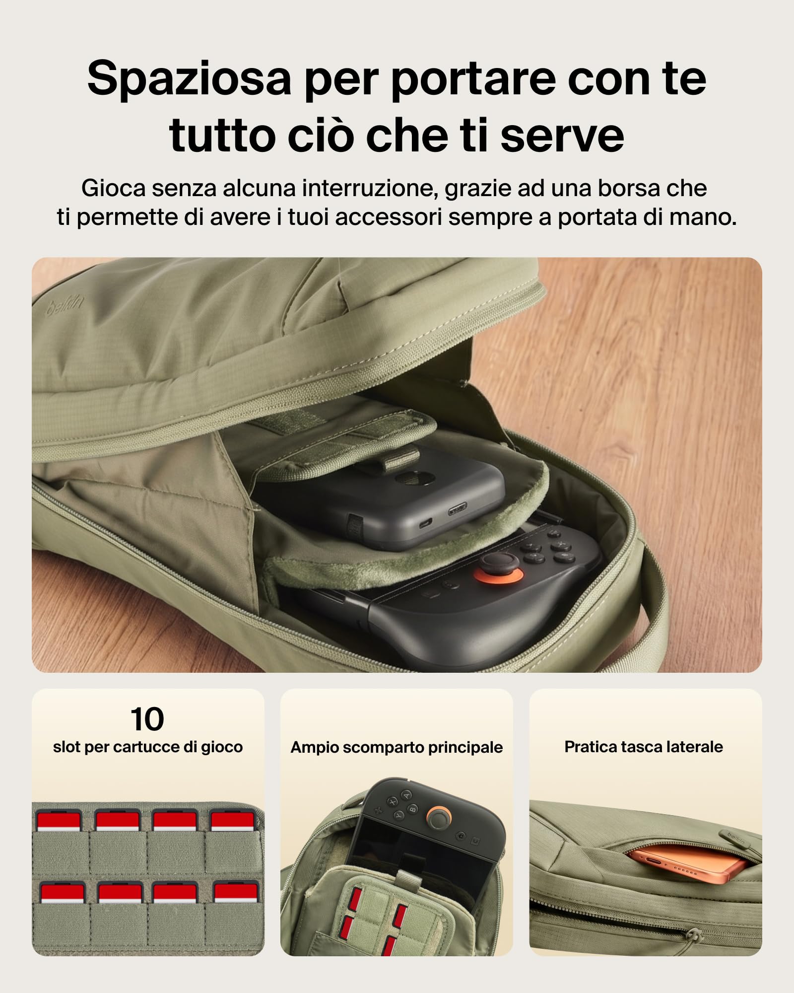 Belkin Gaming Borsa per Nintendo Switch 2 Protettiva da Viaggio - Verde | Borsa Crossbody, Custodia Protettiva da Trasporto per Accessori Console, Interno Morbido, Leggera, 10 Slot per Schede Giochi