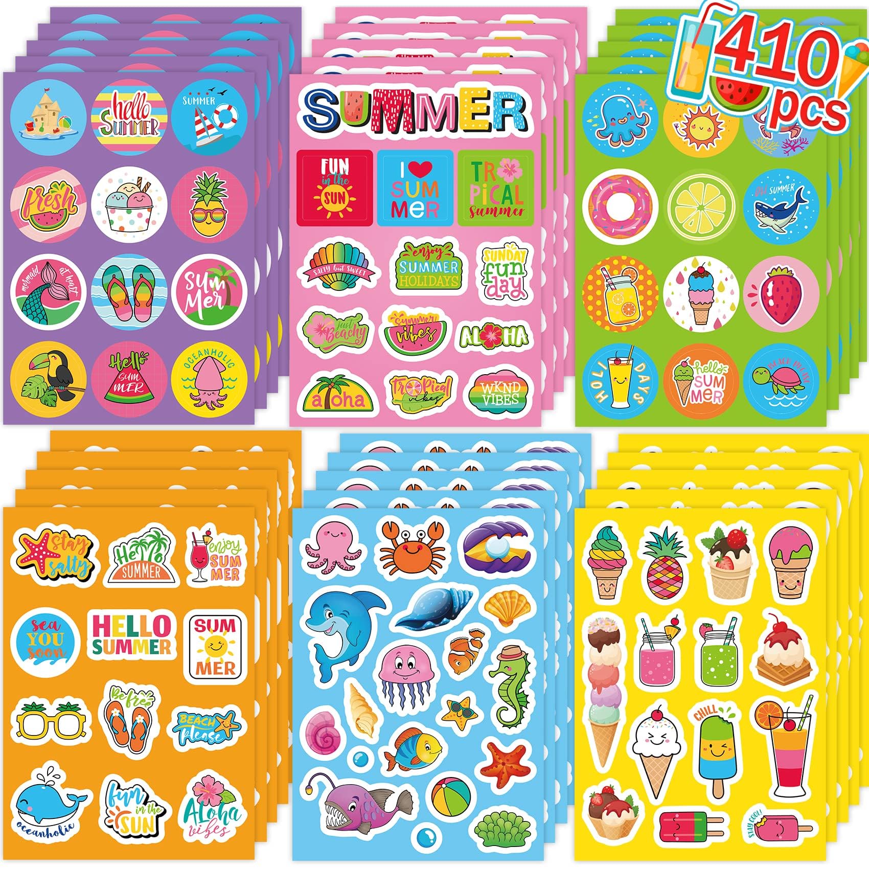 Summer Stickers for Kids Teachers - Ocean Beach Hawaiian Ice Cream Bulk Pack for Scrapbooking, Water Bottles, Luau Hawaii Beach Party Decorations,