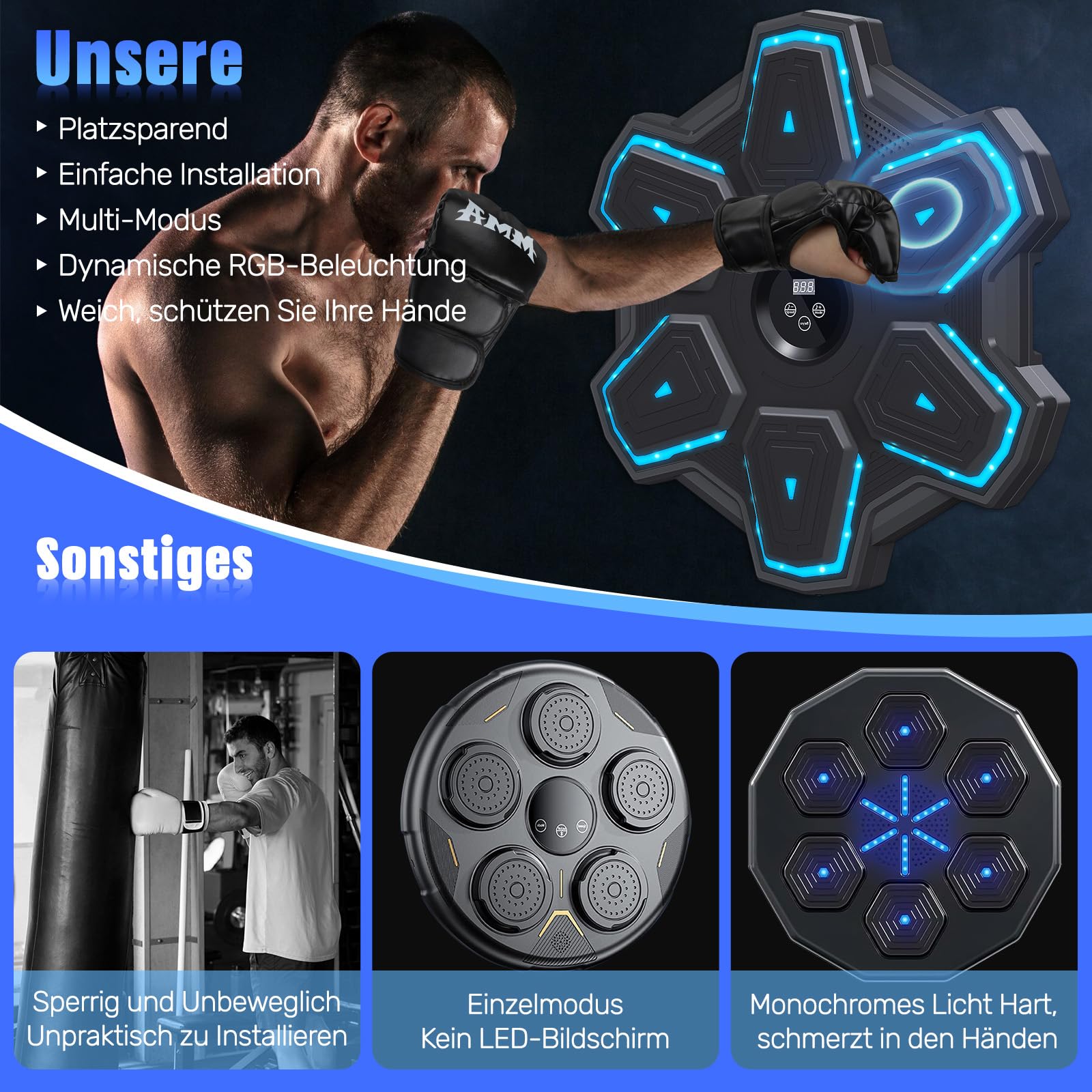 semai Music Boxing Machine, Bluetooth Boxmaschine mit Musik, LED Wandmontiertes Boxziel mit 9 Geschwindigkeitsmodi & Zählmodus, Elektronisches Boxtrainingsgeräte für Heimtraining, Fitnessstud