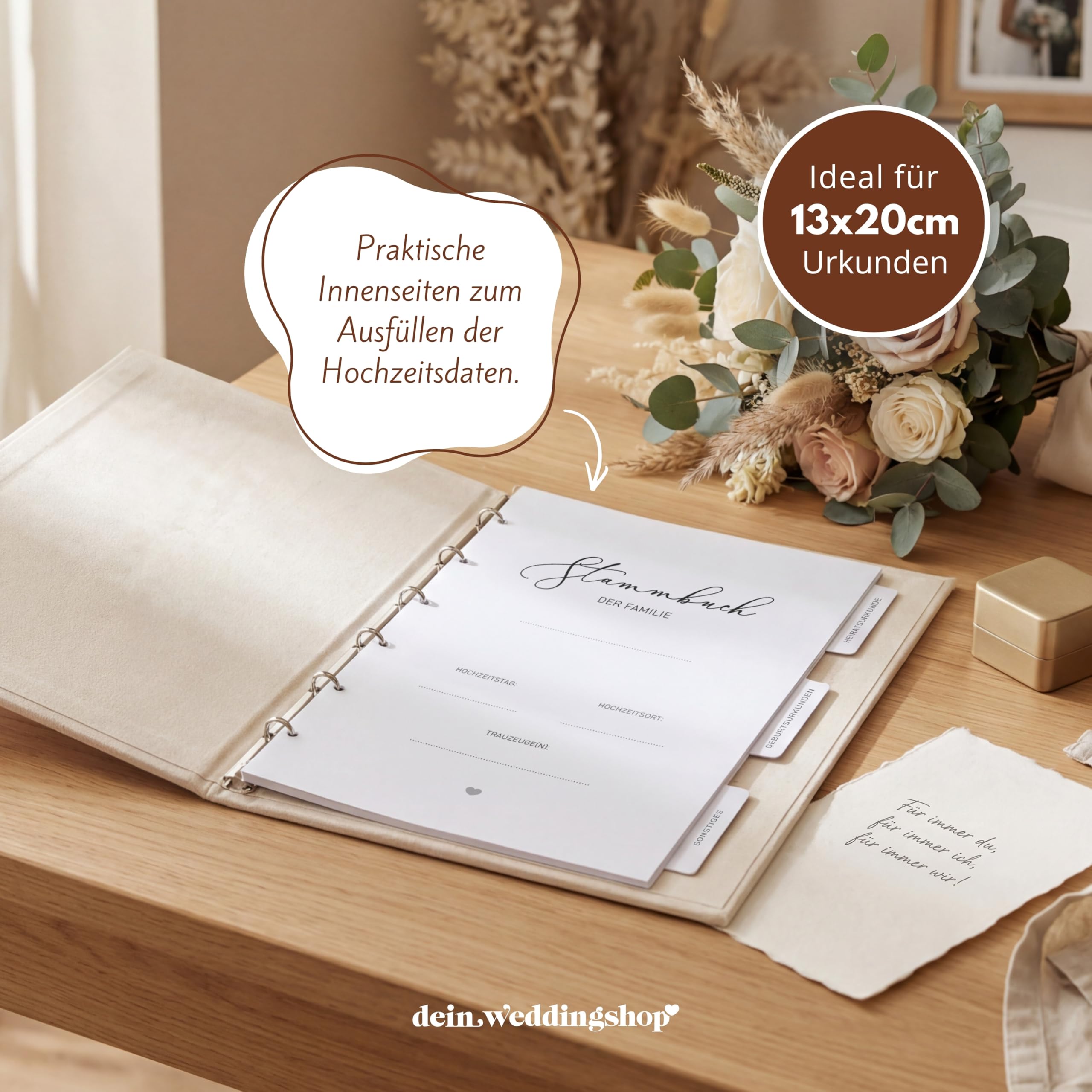 Stammbuch Hochzeit Beige-Grau Gold Samt Velour, handgefertigt inkl. vorgedruckten Innenseiten -Standesamt Familiestammbuch, 16x21 cm