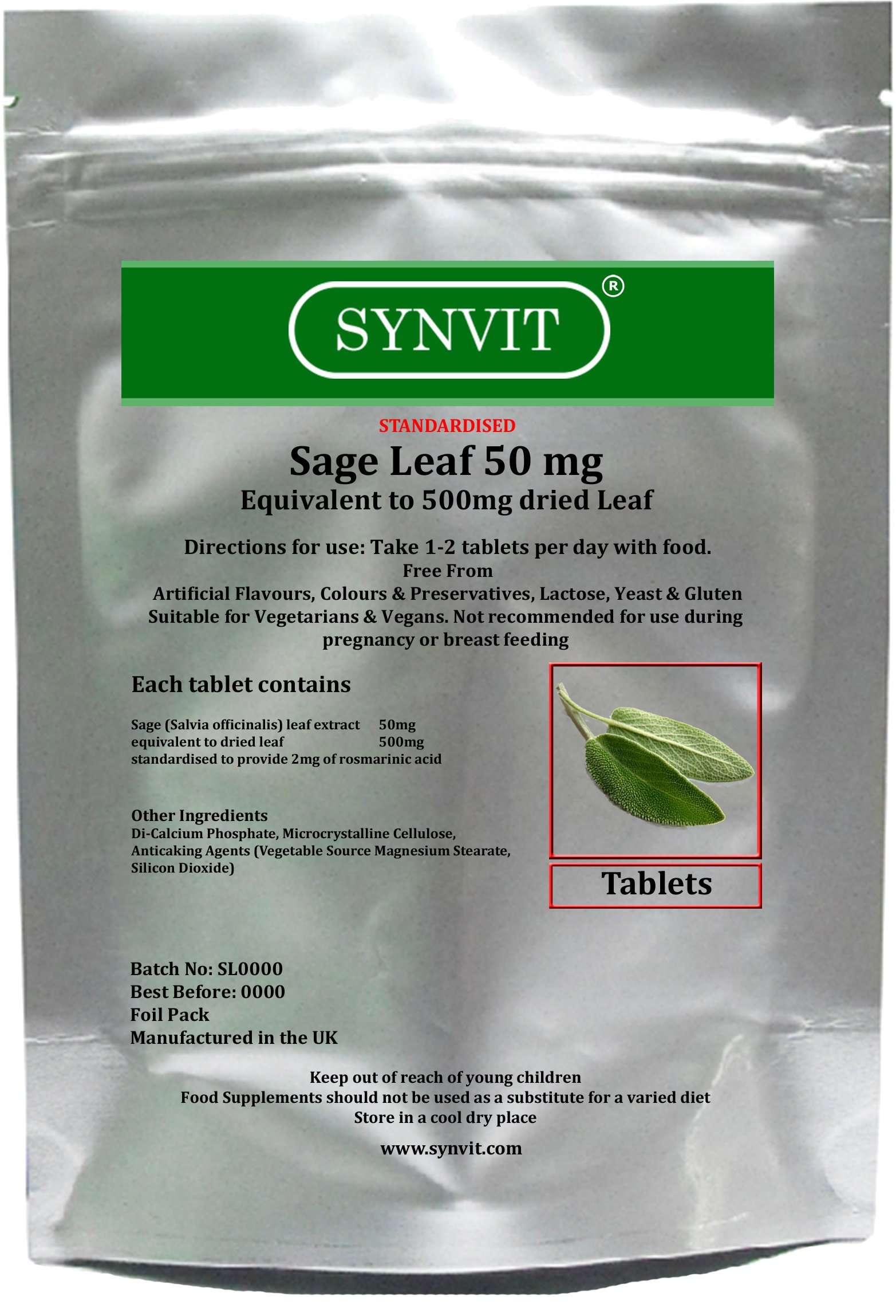 Sage Leaf SYNVIT® Equivalent 500mg x 360 Tablets