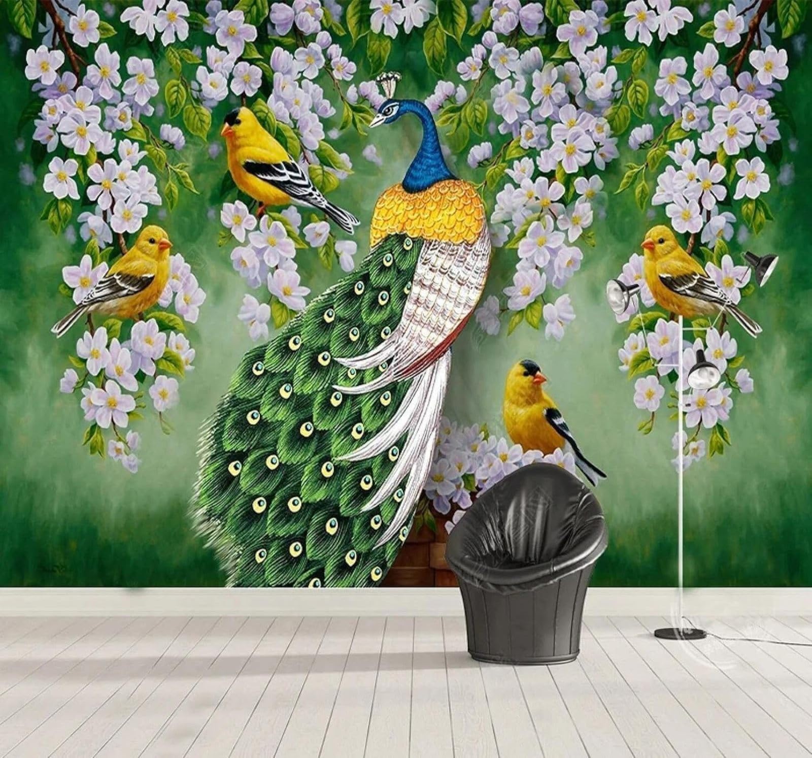XLMING Fresh Relief Beautiful Flowers Peacock 3D Wallpaper Silky Texture Home Study Office Grey Dining Room Sofa Bedroom Living Room TV Backdrop-350cm×256cm