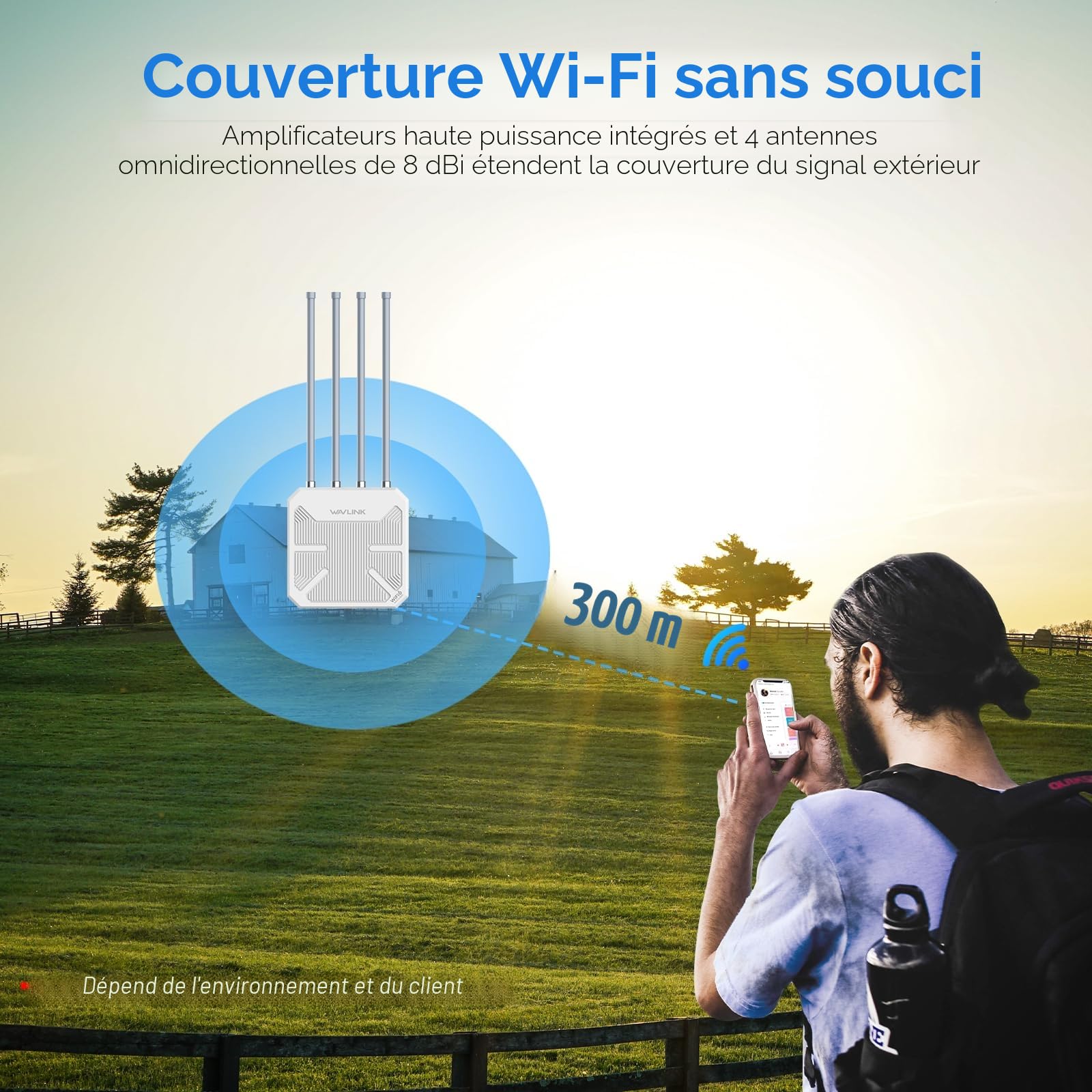 WAVLINK WiFi6 Outdoor Access Point, Long Range Outdoor WiFi, Dual Band 2.4G+5G AX3000 Mesh Extender avec antennes PoE/4x8dBi High-Gain/IP67 Protection contre les intempéries