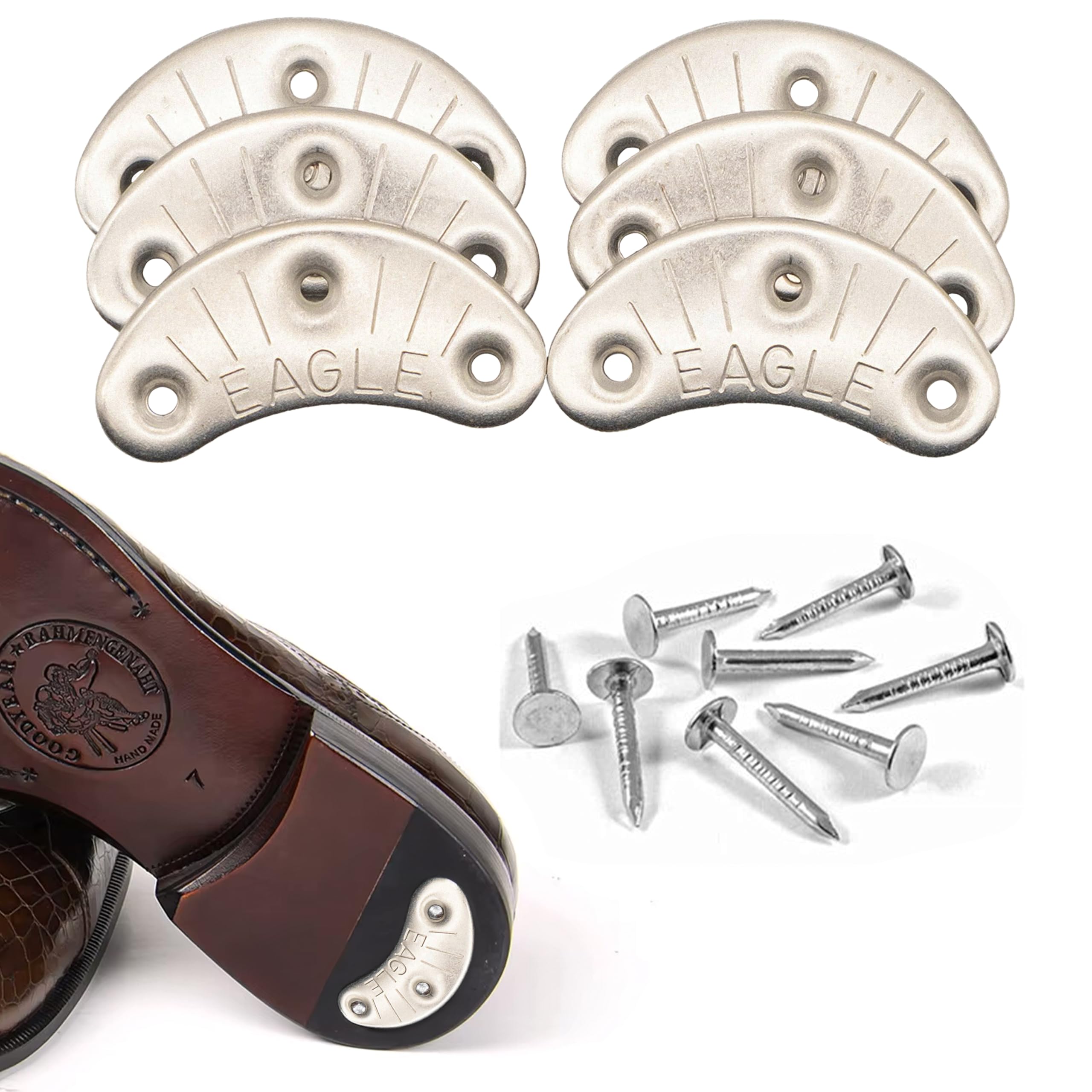 Eagle Metal Heel Plates for Shoes & Boots – Durable Heel Taps & Heel Savers for Boots – 3 Pairs with Nails – Shoe Heel Taps for Men, Cowboy Boot Heel Repair Kit, Spark Plates for Shoes #7 (2 3/8")