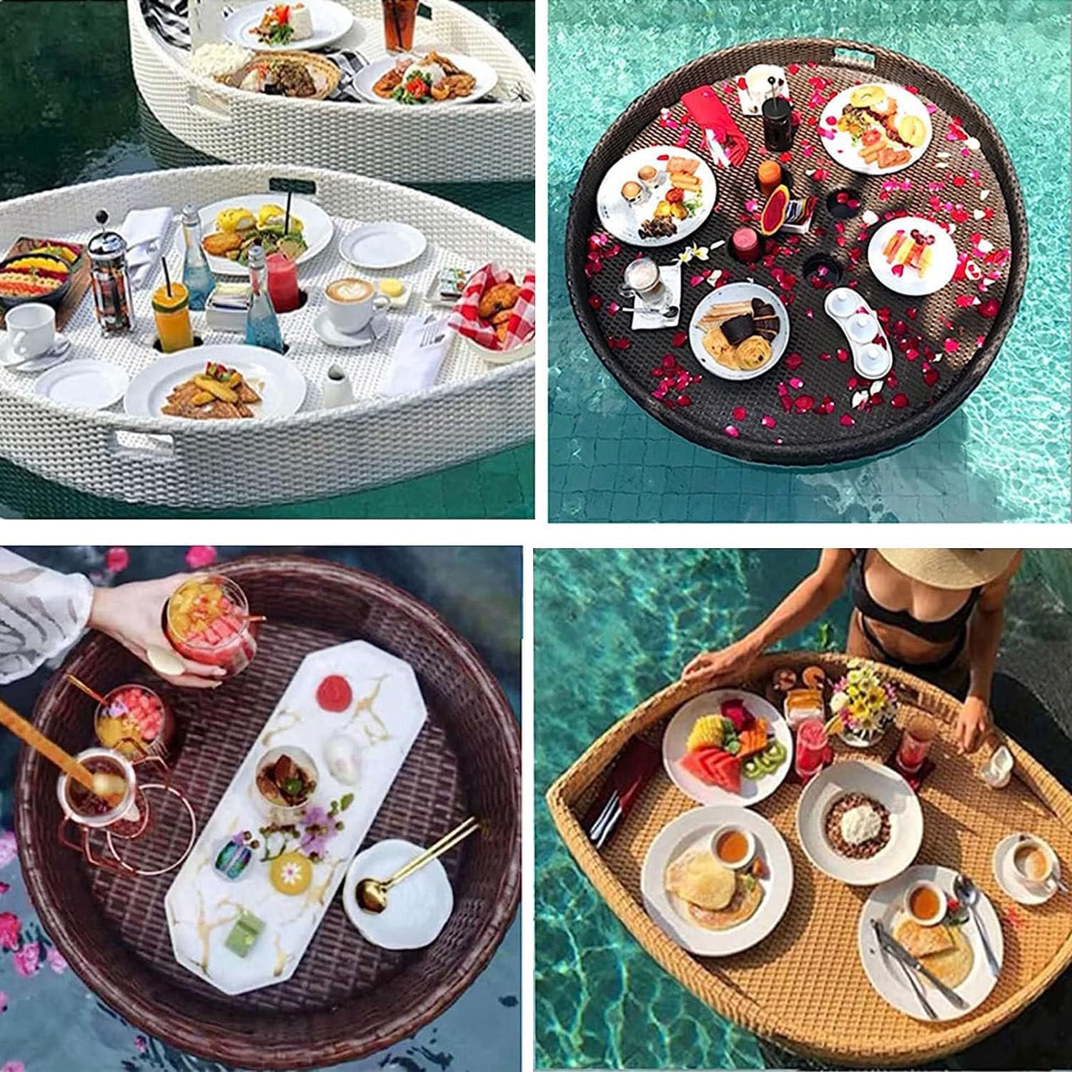 Bandeja de desayuno flotante tejida de ratán para piscina, bandeja de servir con base pesada, soporte para bebidas para barra de arena, fiestas, brunch al aire libre