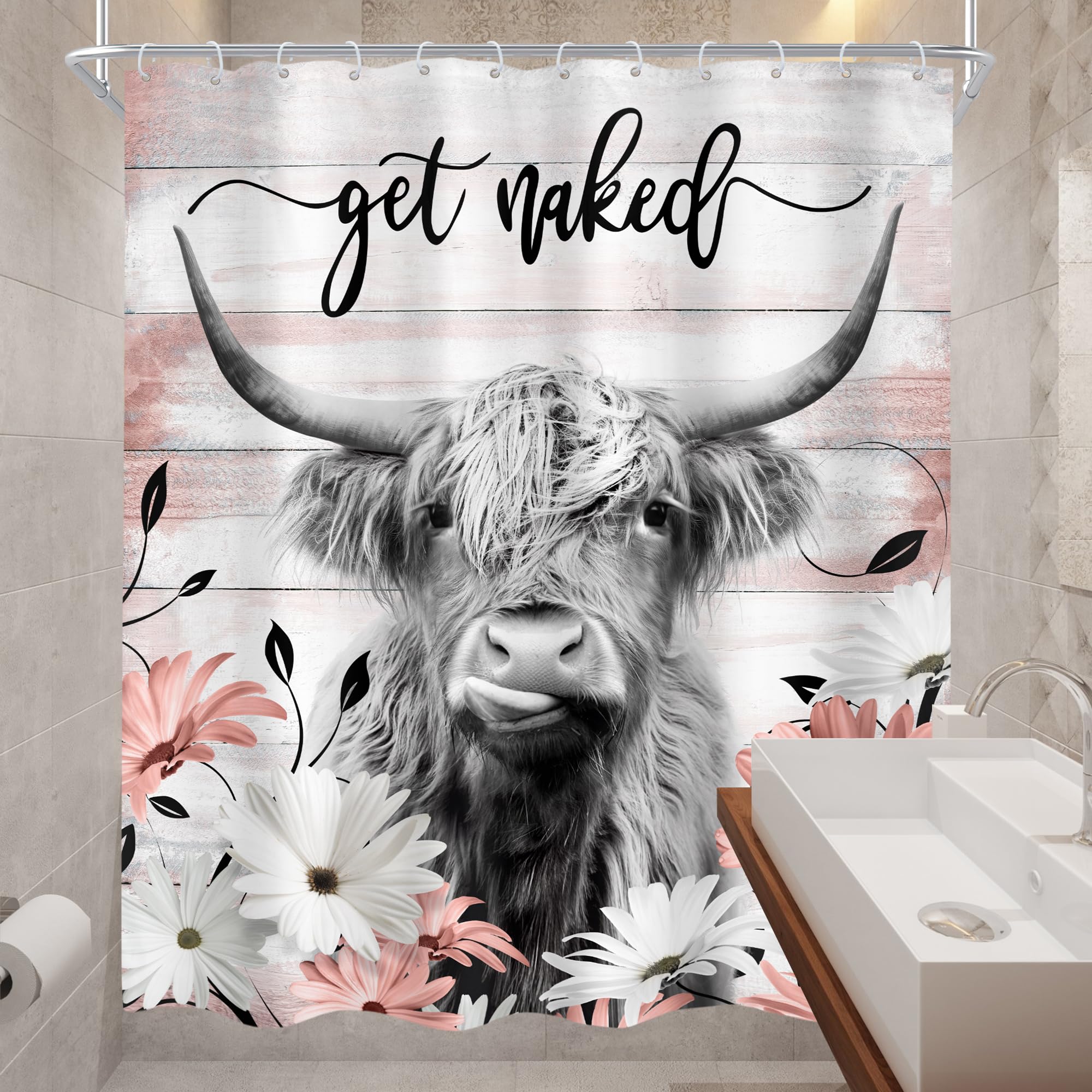 Cinbloo Tenda Da Doccia Con Mucca Delle Highlands, Grigia, 162x182 Cm, Stile Vintage Western, Con 12 Ganci