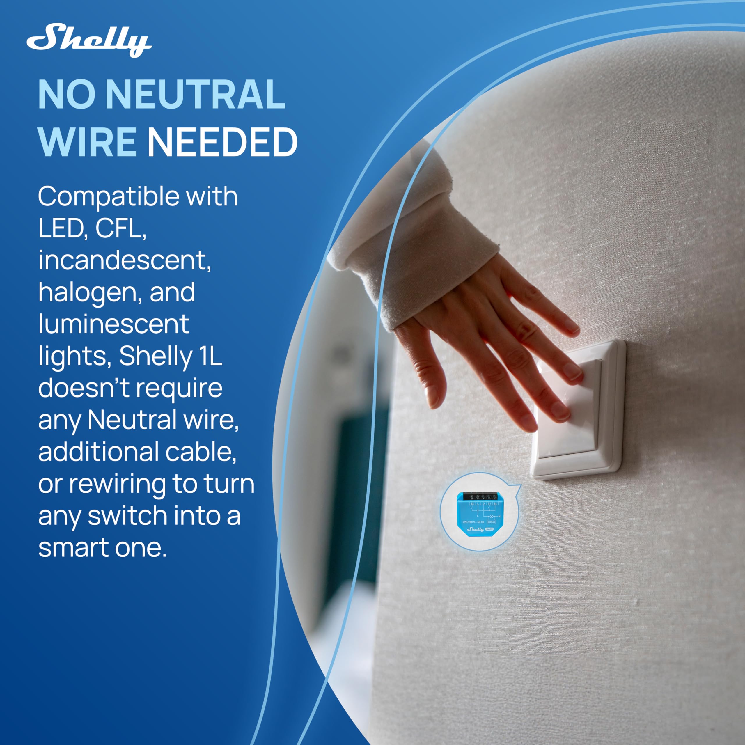 Shelly 1L Gen3 Con Bypass- Interruptor Inteligente WLAN, 1 Canal, Alexa, Google Home, Smartthings, No Requiere Concentrador, Mando A Distancia, No Requiere Conductor Neutro, Montaje Empotrado, Control