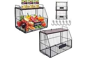 Nisoger 2-Pack Wire Basket with Bamboo Lid - Stackable Wall Mounted Hanging...