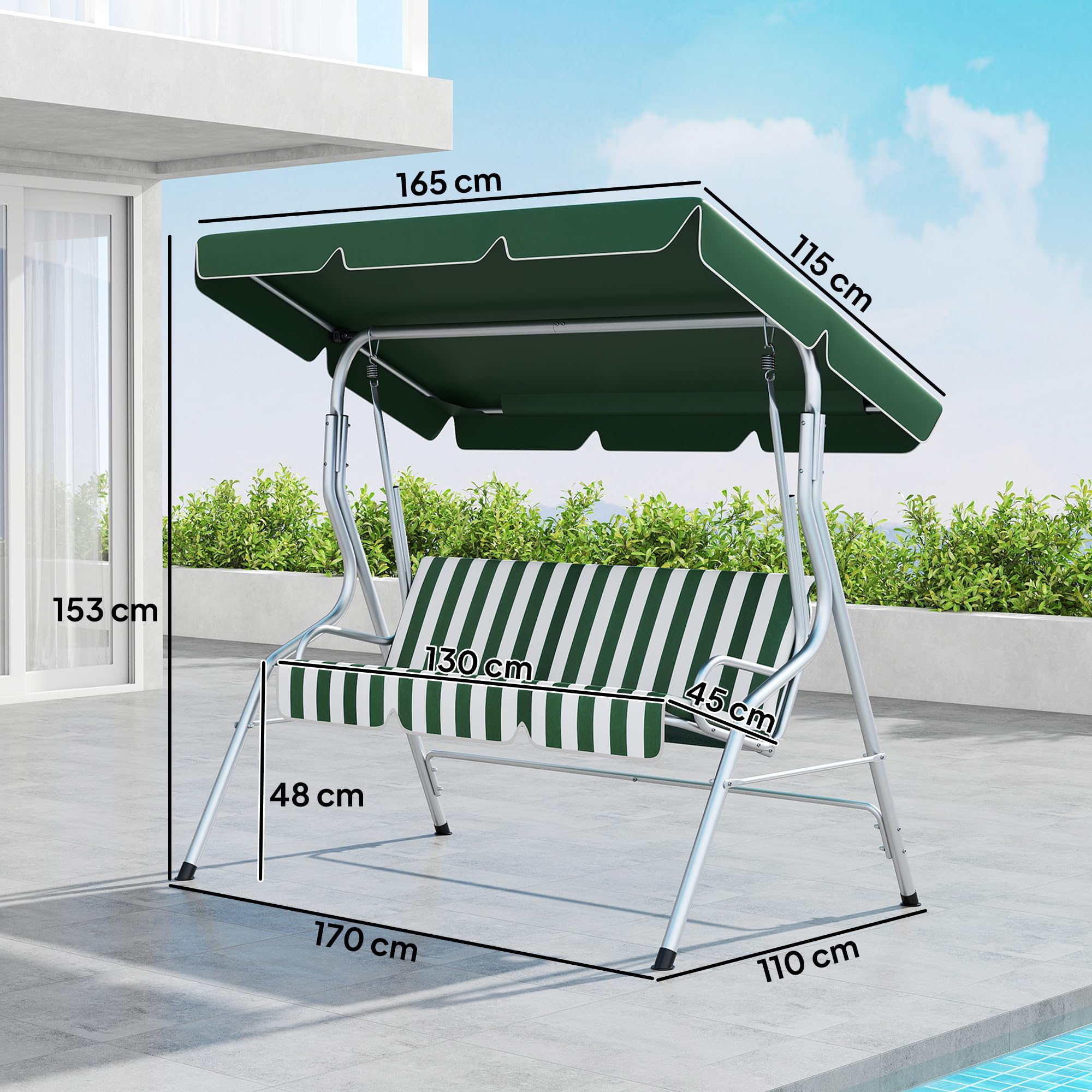 Outsunny Balancelle de Jardin 3 Places, balançoire extérieure Toit Inclinaison réglable, Motif à Rayures, avec Coussins Assise et Dossier, 1,7 x 1,1 x 1,53 m, métal Polyester, Vert
