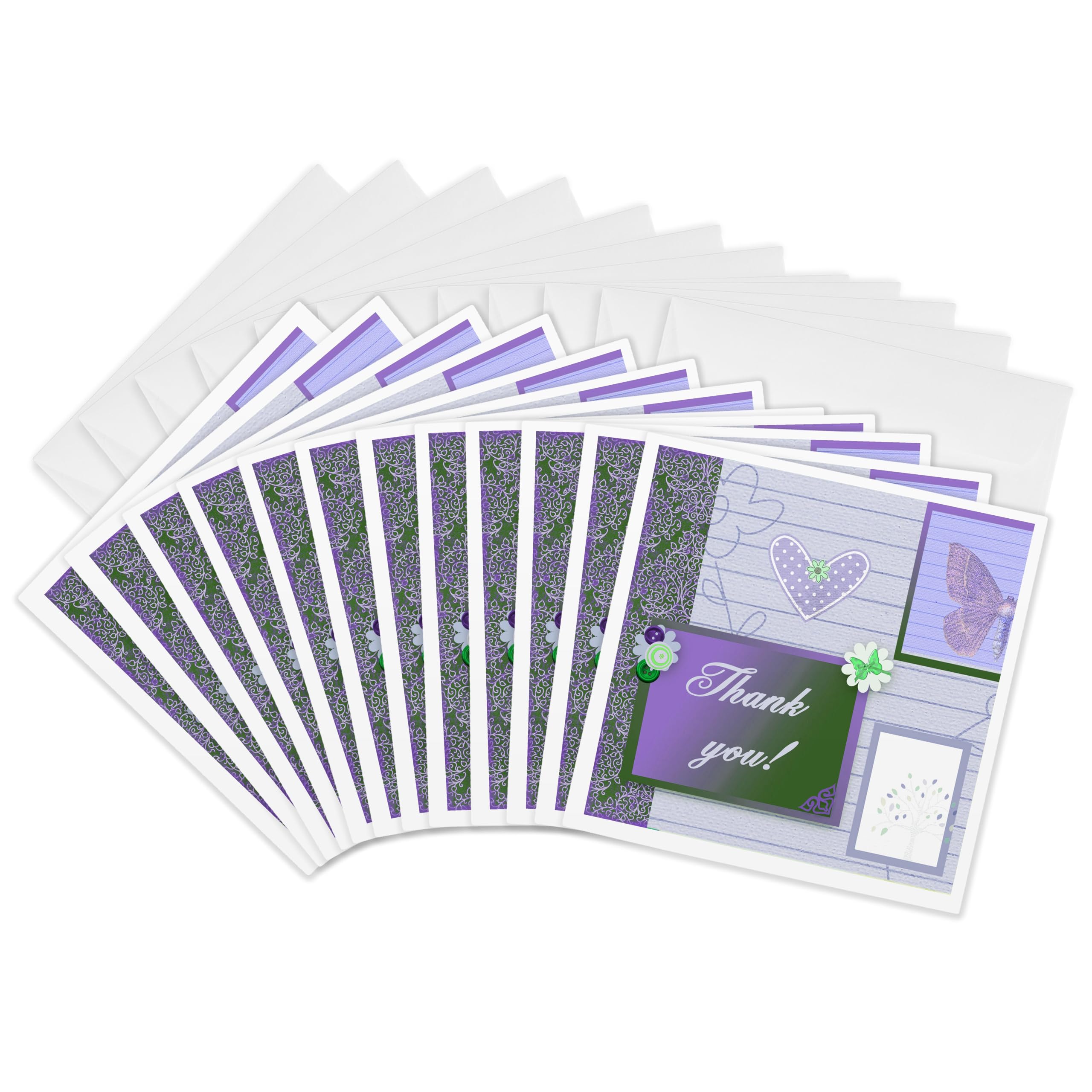 3dRose gc_130955_2 6 x 6-Inch "Thank You on Damask with Butterfly, Heart, and Flowers, Purple" Greeting Card (Set of 12)