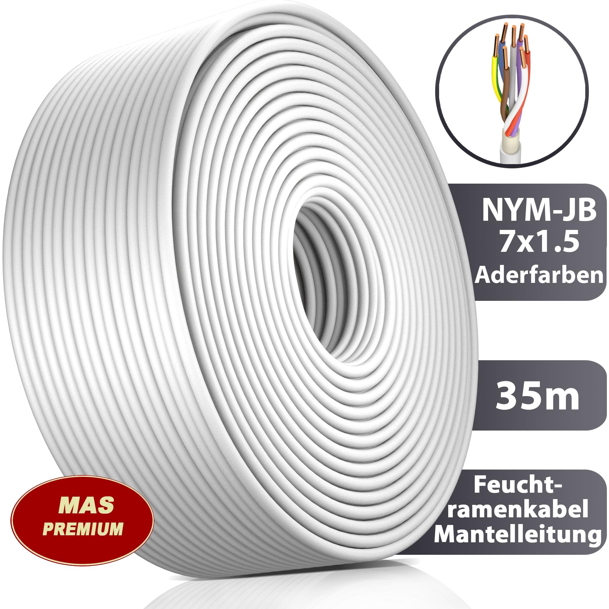 MAS Premium Kabel zasilający do wilgotnych pomieszczeń, kabel zasilający 5-100 m, przewód płaszczowy NYM-JB 7 x 1,5 (kolory skóry), kabel instalacyjny OFC do stałego układania (35 m)