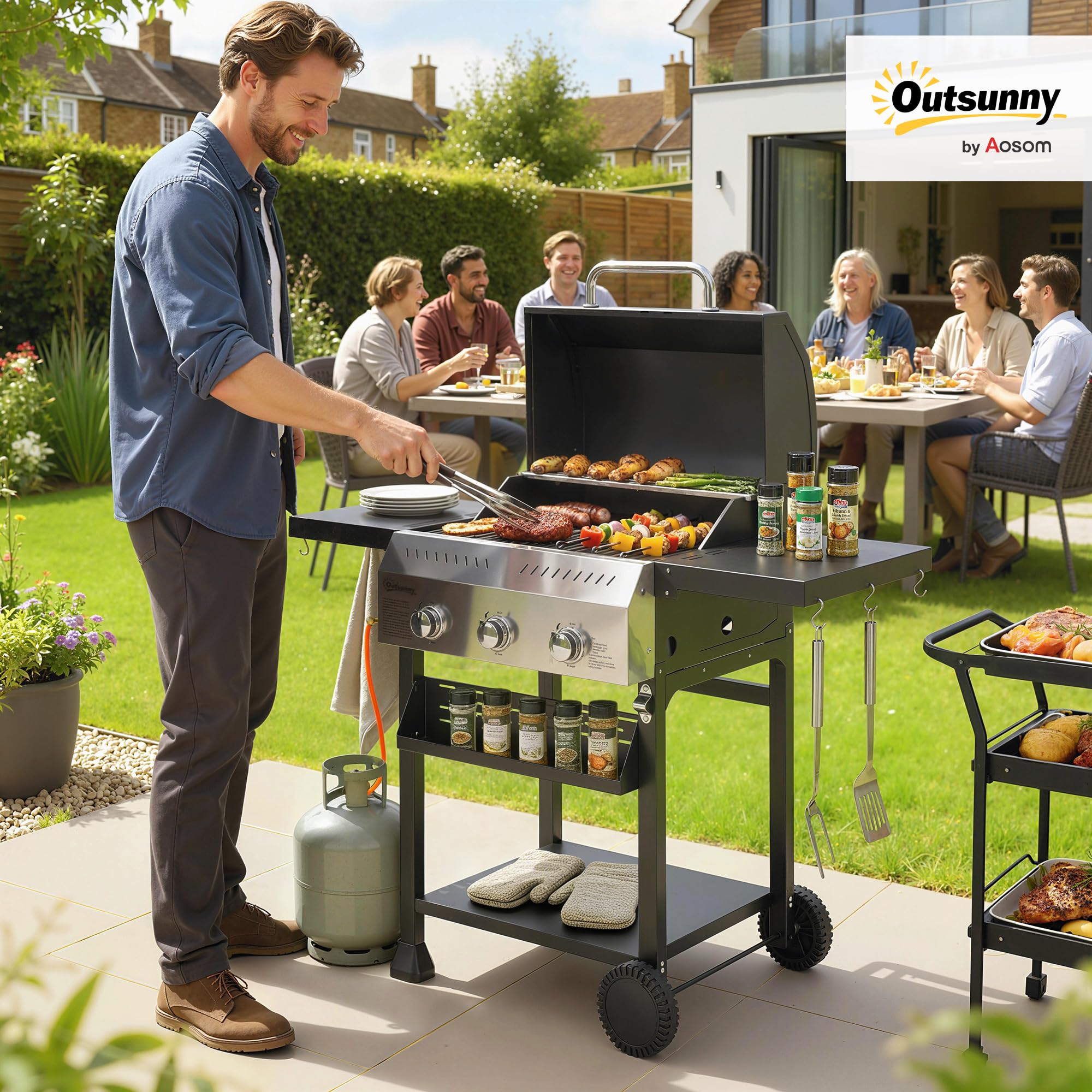 Outsunny Gasgrill 9 KW 3 Brenner BBQ Grillwagen Edelstahl inkl klappbar Seitentisch Gewürzhalter Unterregal 6 Haken Thermometer Emaille-Grillrost Warmhalterost Rolle Gas-Grill für Balkon Party