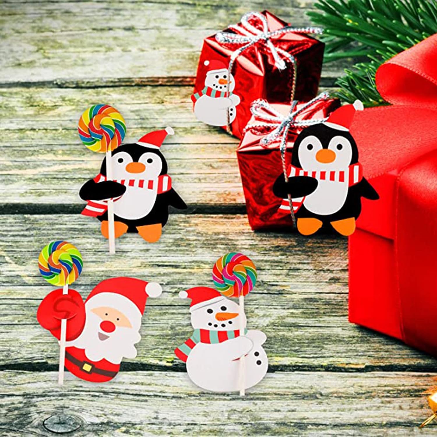 150Pcs Christmas Lollipop Paper Cards Santa Claus Snowman Penguin Paper Candy Holders, Sugar-Loaf Candy Wraping Decorations For Christmas Party Supplies