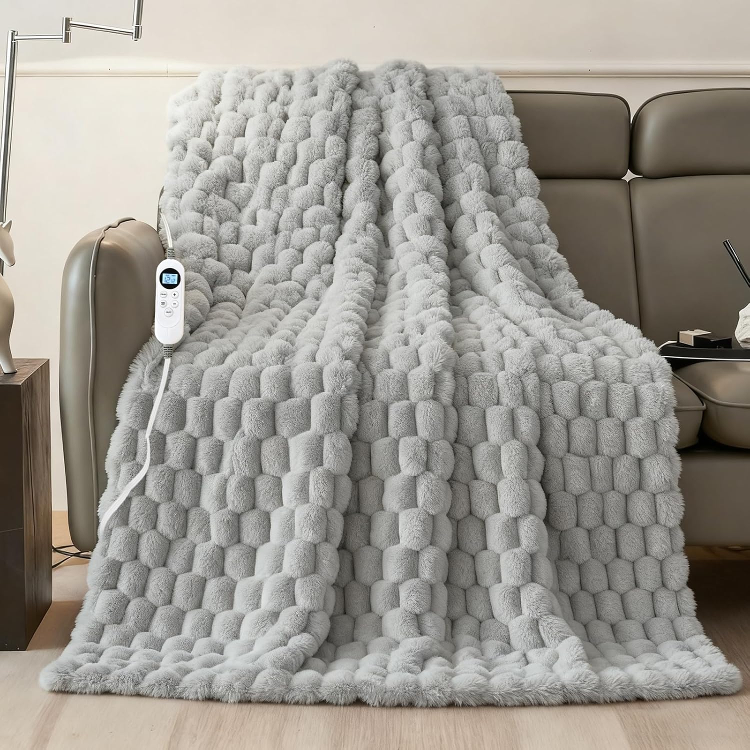 Heated Blanket Throw 50" x 60" Soft Ribbed Faux Fur Flannel Fast Heating 12 Heat Levels 1–12H Timer & Overheat Protection & Auto Shut-Off & ETL FCC & Machine Washable Heated Throw
