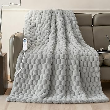 Eastsora Heated Blanket Throw 50" x 60" Soft Ribbed Faux Fur Flannel Fast Heating 12 Heat Levels 112H Timer & Overheat Protection & Auto Shut-Off & ETL FCC & Machine Washable Heated Throw