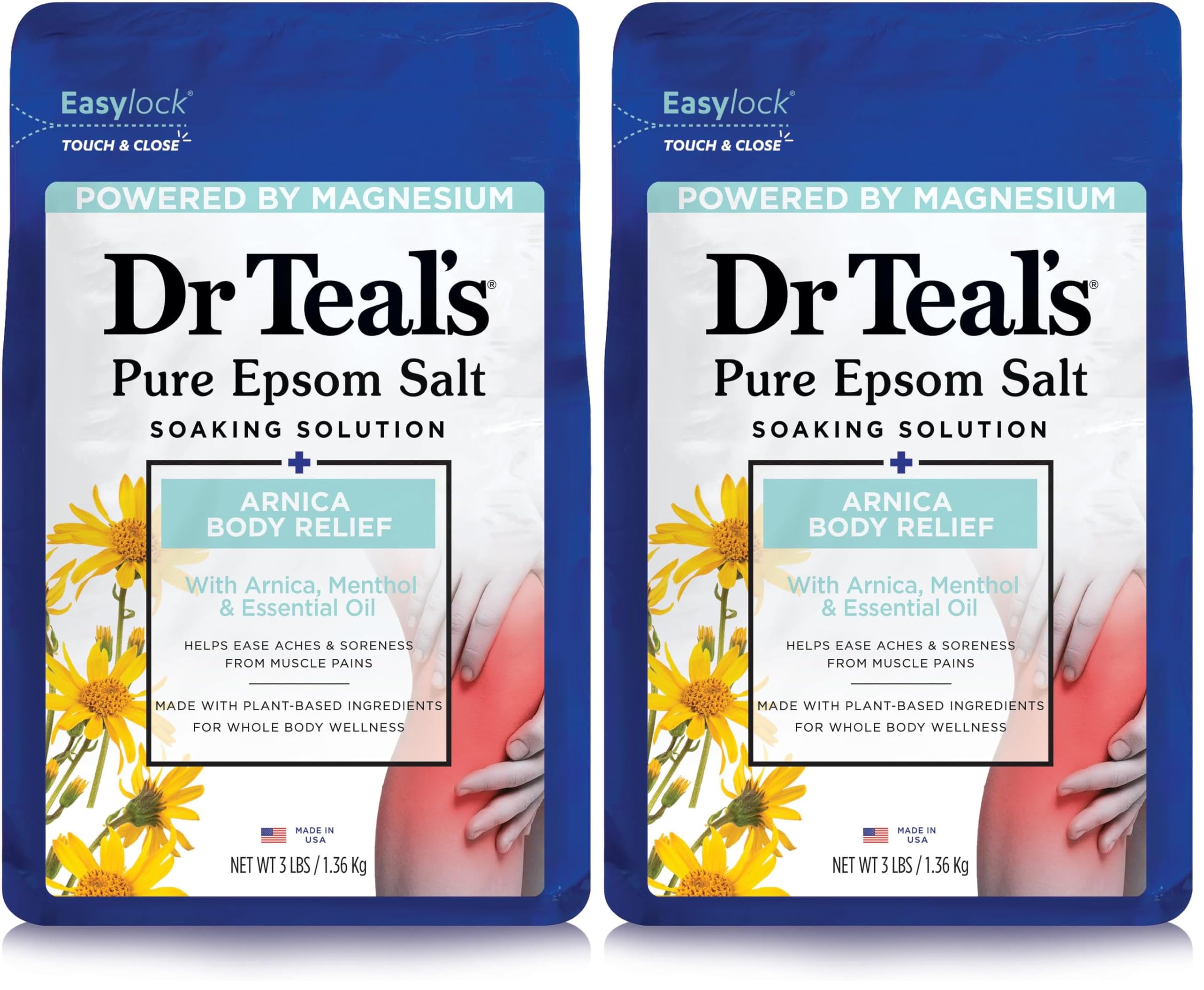 Dr Teal's Epsom Salt Magnesium Soak, Arnica Body Relief with Arnica, Menthol & Essential Oils, 3 lbs (Pack of 2)