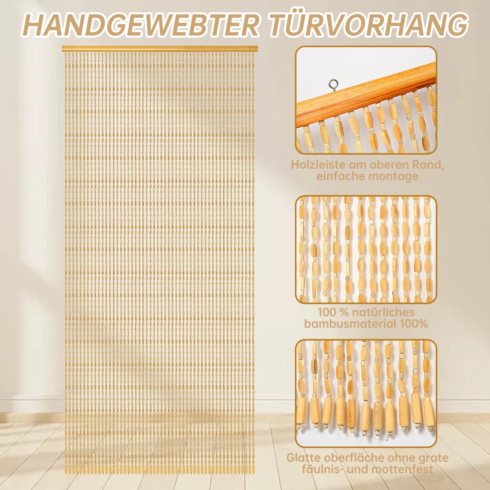 90x200cm Perlenvorhang, Handgefertigte Natur Türvorhang Perlen, 52 Stränge Beige Retro Perlenvorhang Türvorhang für Schlafzimmer Balkontür