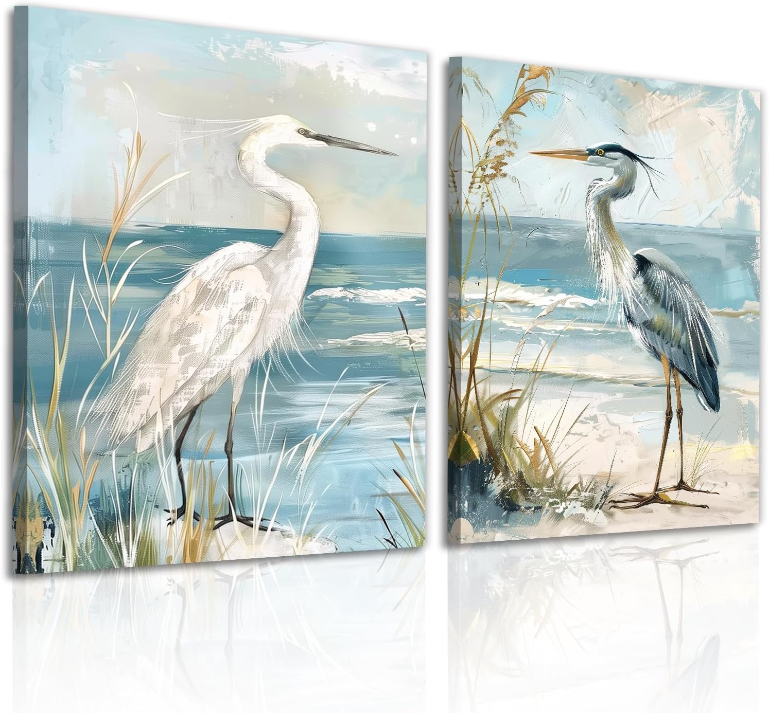OAAPITI Coastal Heron Wall Art 2 Panel Beach Bird Canvas Set Seaside Wildlife Decor for Living Room Bedroom Home Office Wall Decor