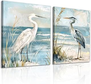 OAAPITI Coastal Heron Wall Art 2 Panel Beach Bird Canvas Set Seaside Wildlife Decor for Living Room Bedroom Home Office Wall Decor
