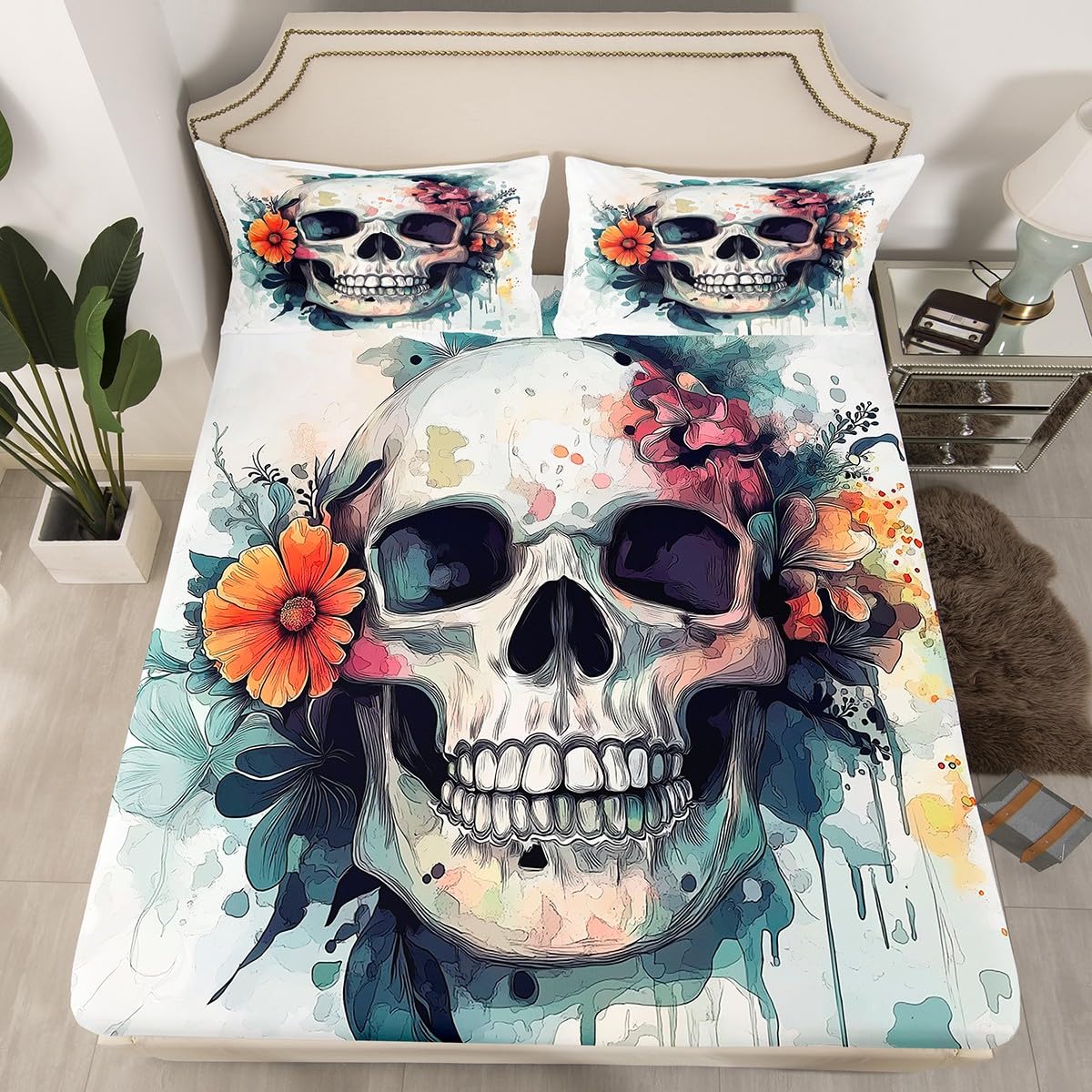 Skull Graffiti Fitted Sheet Twin Size Watercolor Daisy Flower Bedding Set Kids Room Decor Gothic Sugar Skeleton Bed Cover with 1 Pillowcase Modern Tie Dye Soft Polyester Bedding,No Top Sheet