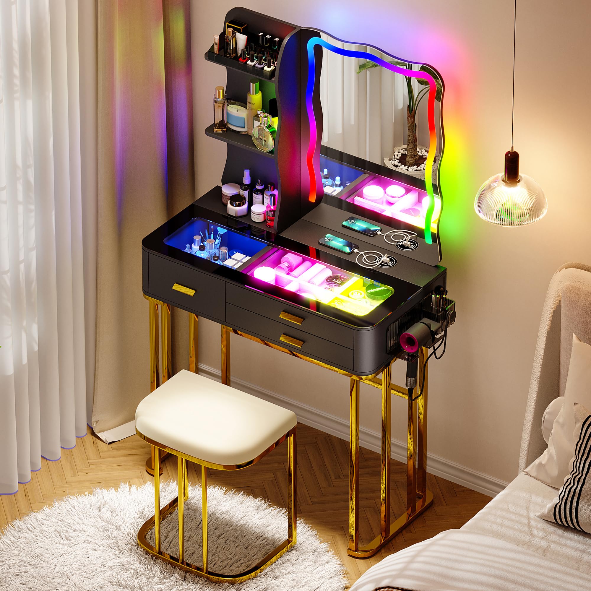 Gurexl Schminktisch mit LED Spiegel und Ladefunktion,schmuckschrank mit Glasplatte und Gepolsterter Hocker,Frisiertisch mit Haartrocknerständer für Schlafzimmer Wohnzimmer Mädchen Geschenk