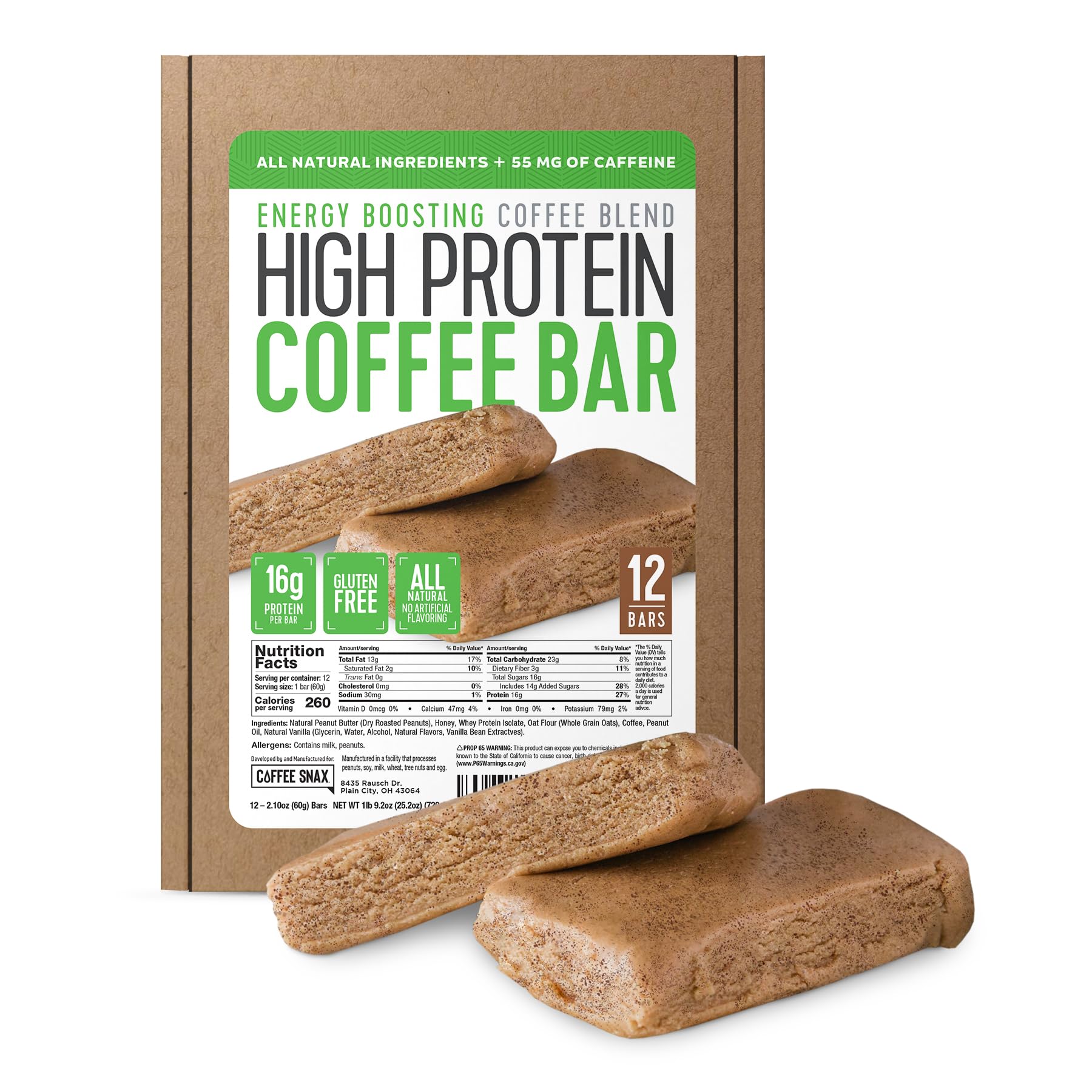 Protein Coffee Energy Bar, Made with Five Simple Ingredients, All Natural, Gluten Free, Non GMO & 16g of Protein, Made with Real Coffee (55mg Caffeine per bar), 12 Bars (Peanut Butter)