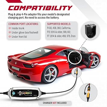 JMR 12V Adapter for Ferrari, 4-Pin Port, No Indicator | Compatible with CTEK, 458 California F12 FF 599 612 F430 360