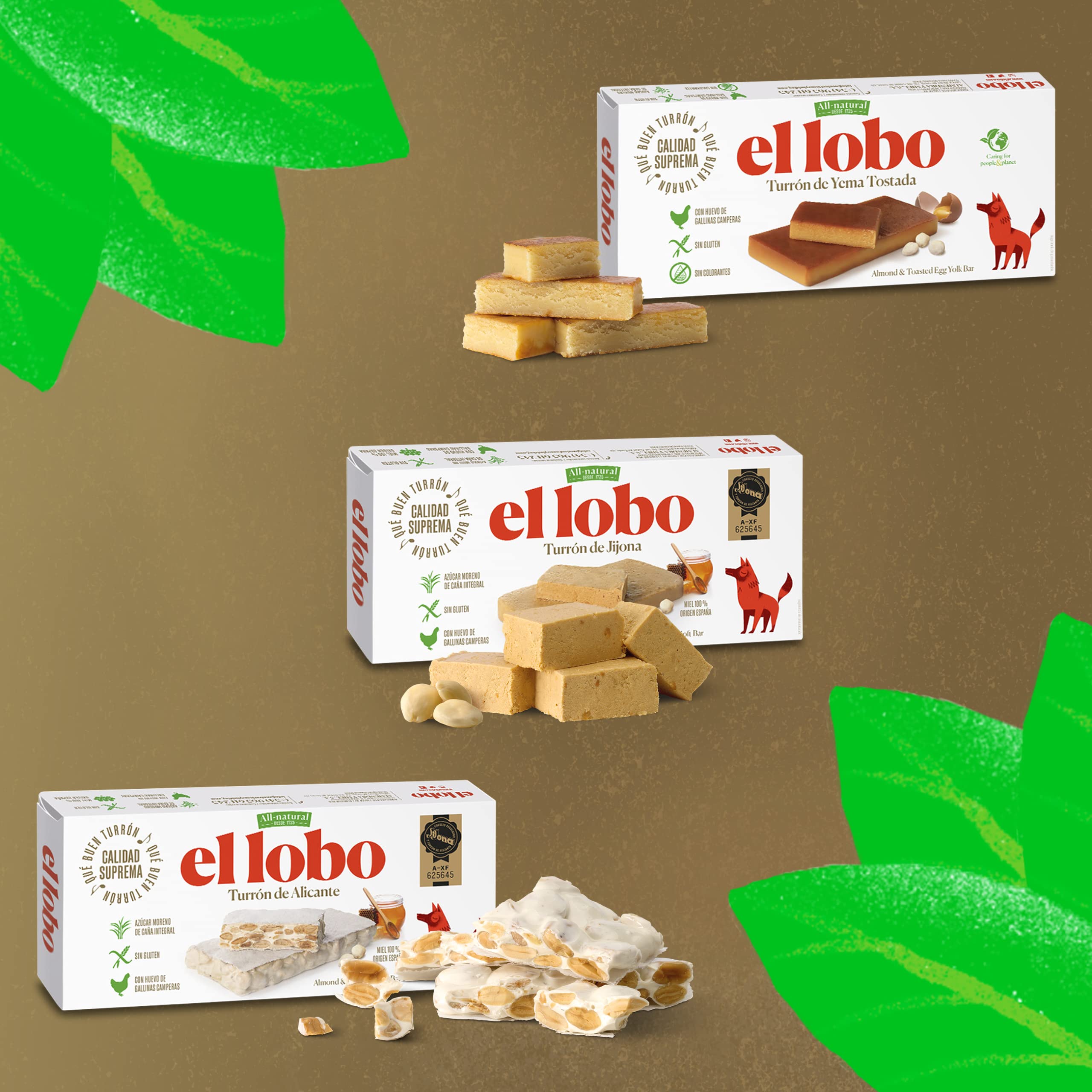 EL LOBO - Pack Familiar "All-Natural" Contiene Turrón Blando Jijona 250G, Turrón Duro Alicante 250G y Turrón Blando Yema Tostada 200G, Almendra, Total 700 G - Desde el Almendro a tu Mesa