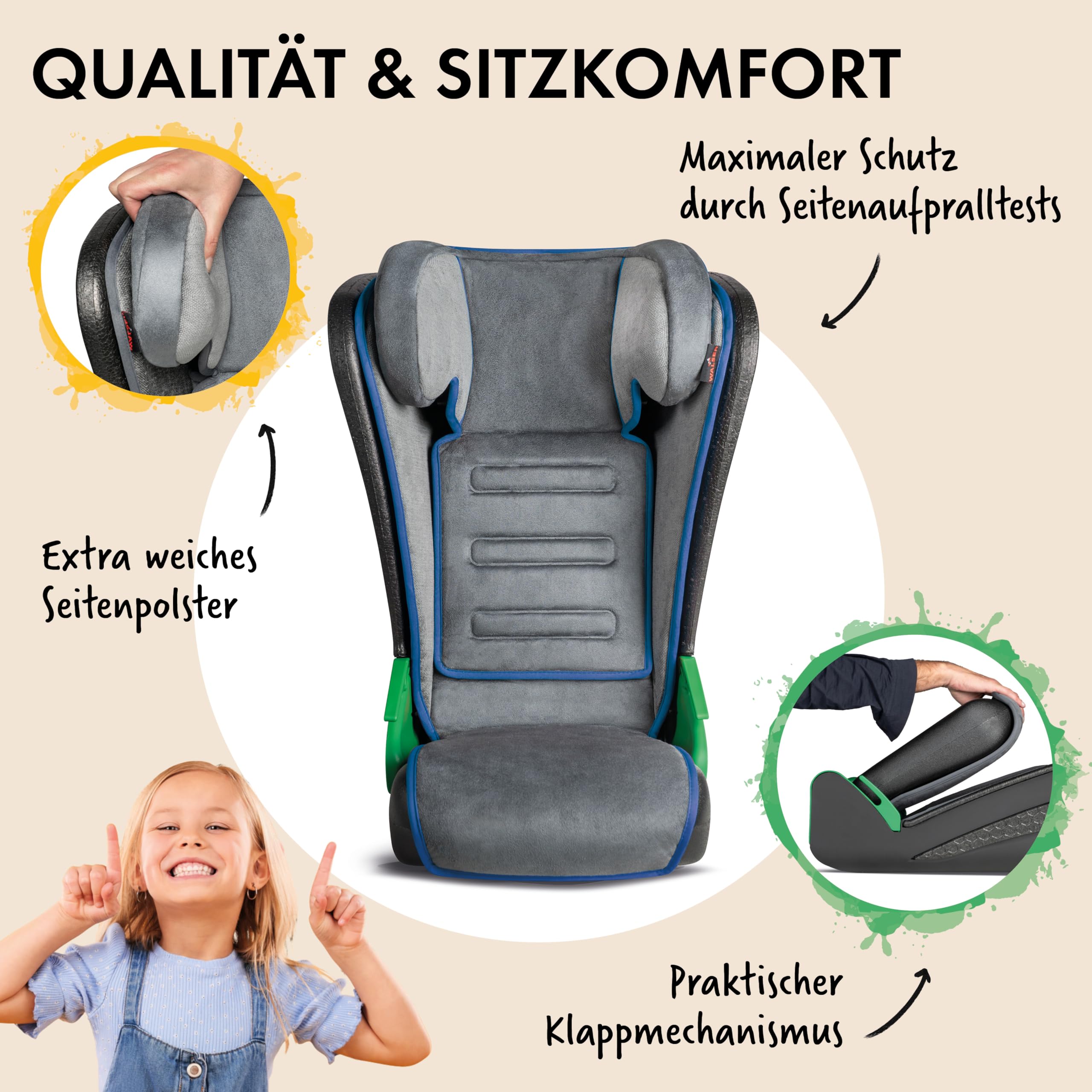 WALSER Auto Kindersitz Noemi, extra schmaler Reisekindersitz 3-8 Jahre 100-135 cm, klappbare Sitzerhöhung ECE R129 waschbar Schwarz/Blau