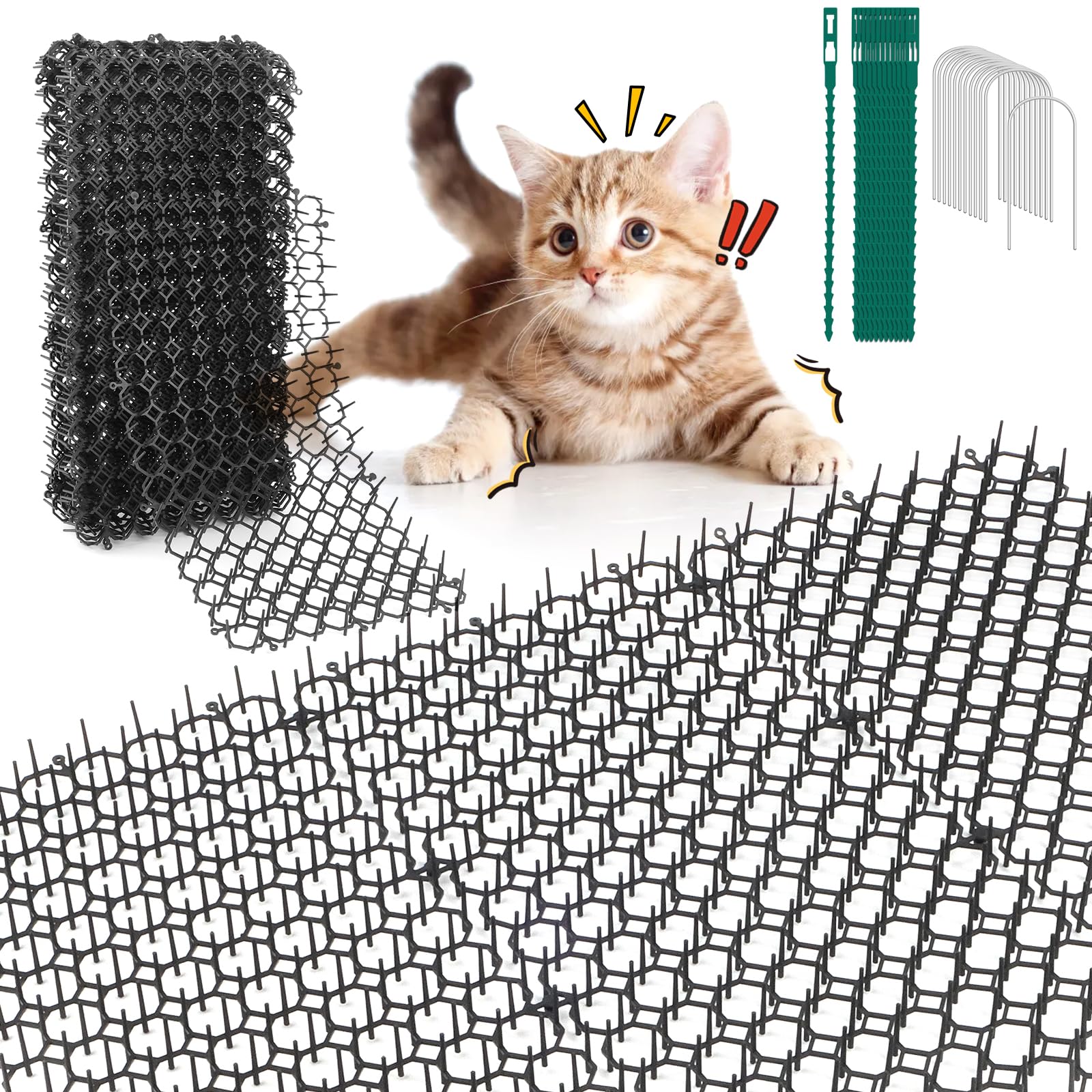 15 Piezas Alfombrilla Anti Gatos 20x40 cm, Pinchos Repelente Gatos con 15 Clavos en U y 20 Bridas, Ahuyentador Gato para Jardín, Césped, Interiores y Exteriores