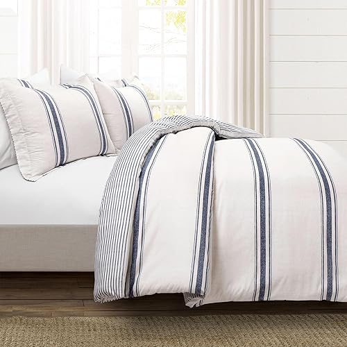 Miniatura 2 de Lush Decor Edredón de rayas de granja, FullQueen, azul marino