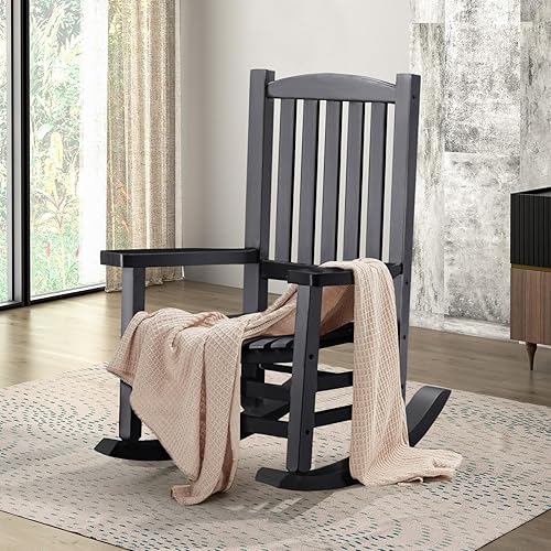 Miniatura 2 de Hupmad Silla mecedora de madera de gran tamaño para porche, balancín de patio al aire libre con respaldo alto y reposabrazos, listones para todo