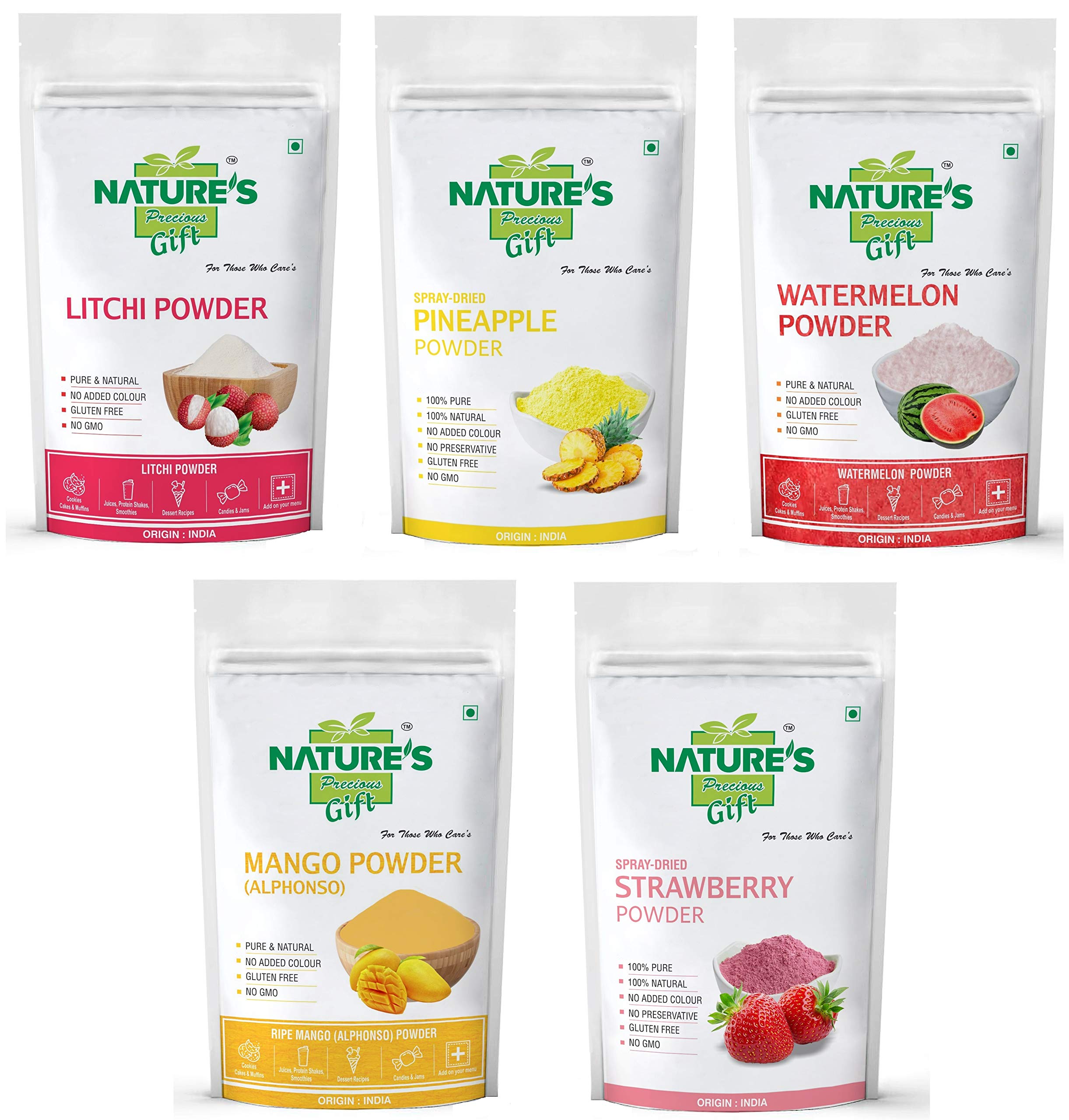 NATURE'S GIFT - FOR THOSE WHO CARE'S Litchi, Pineapple, Watermelon, Mango & Strawberry Fruit Powder - 100 GM Each (Super Saver Combo Pack)-image-39