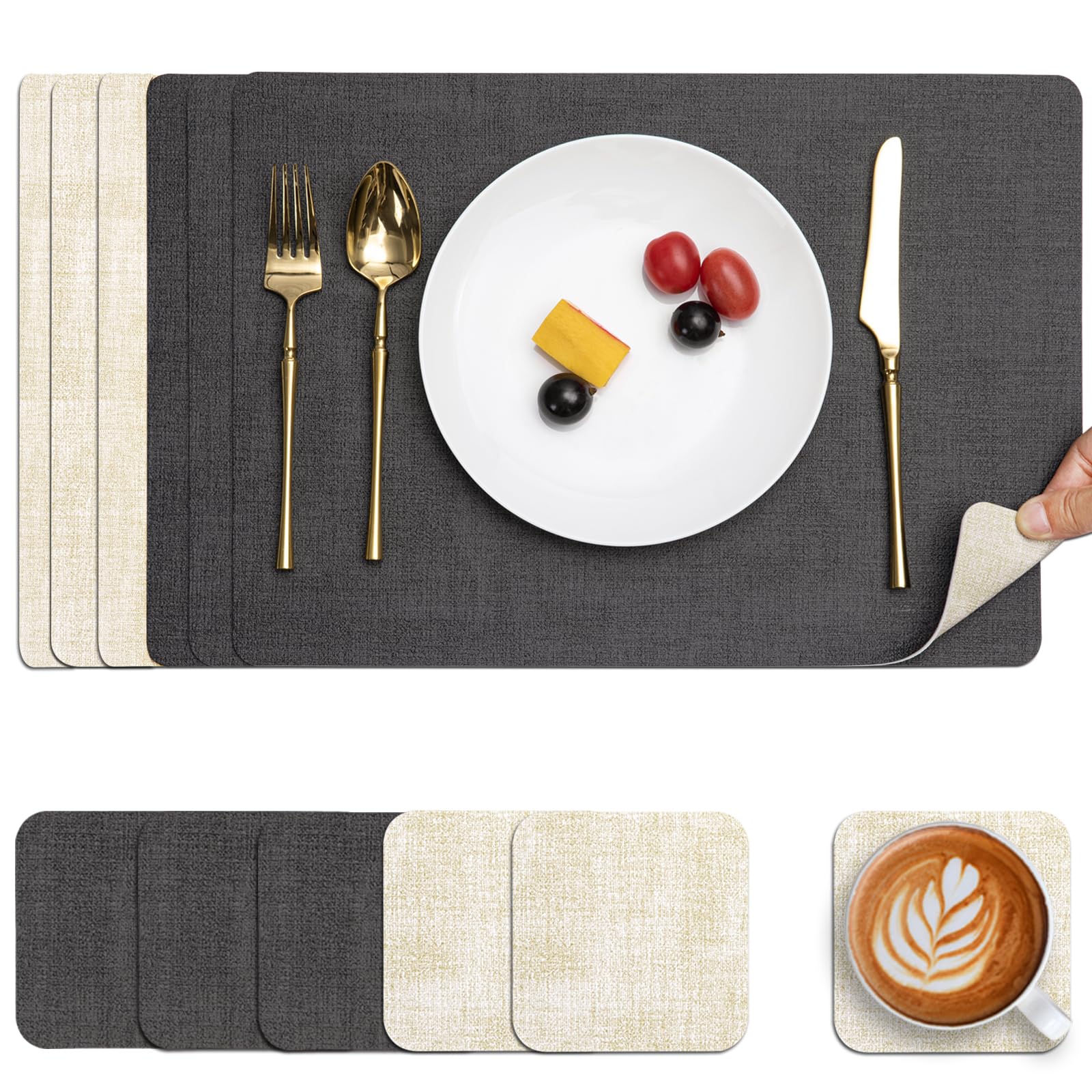 Myir JUN Tischsets Abwaschbar Leder und Untersetzer, Doppelseitigen Platzset 4er Set rutschfest Platzdeckchen Leder Kunstleder Tischset