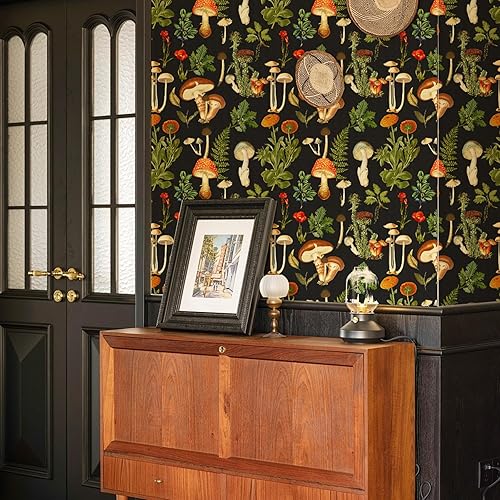 Miniatura 2 de Mural de hongos para despegar y pegar, papel tapiz bohemio negro, vinilo impermeable para baño y dormitorio (negro, 17.7 x 118.11 pulgadas)