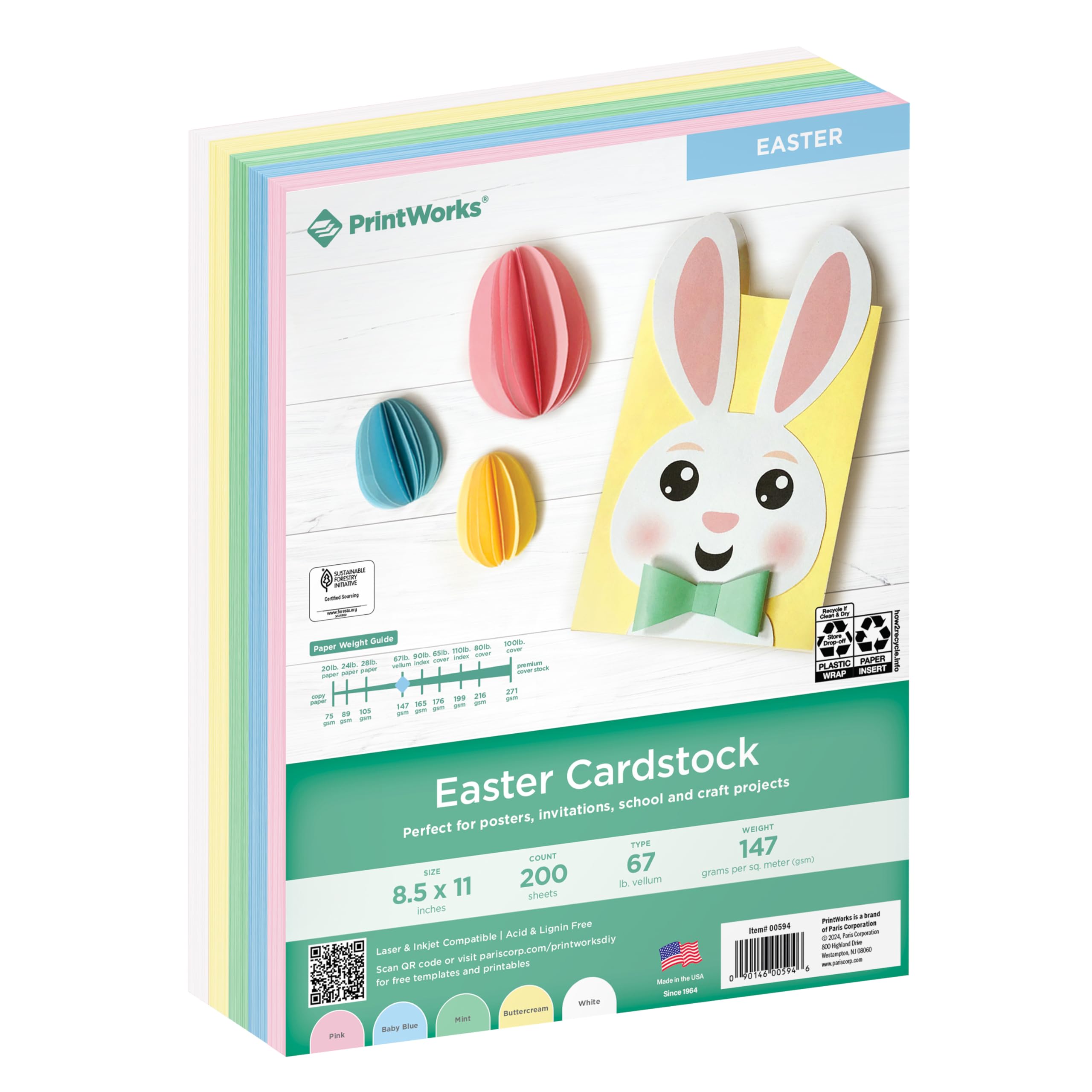 Easter Cardstock 8.5" x 11" - 200 Sheets - 5 Assorted Pastel Cardstock Colors - Ideal for School & Craft Projects - 67 lb/147 gsm - Made in the USA - SFI® Certified (00594)
